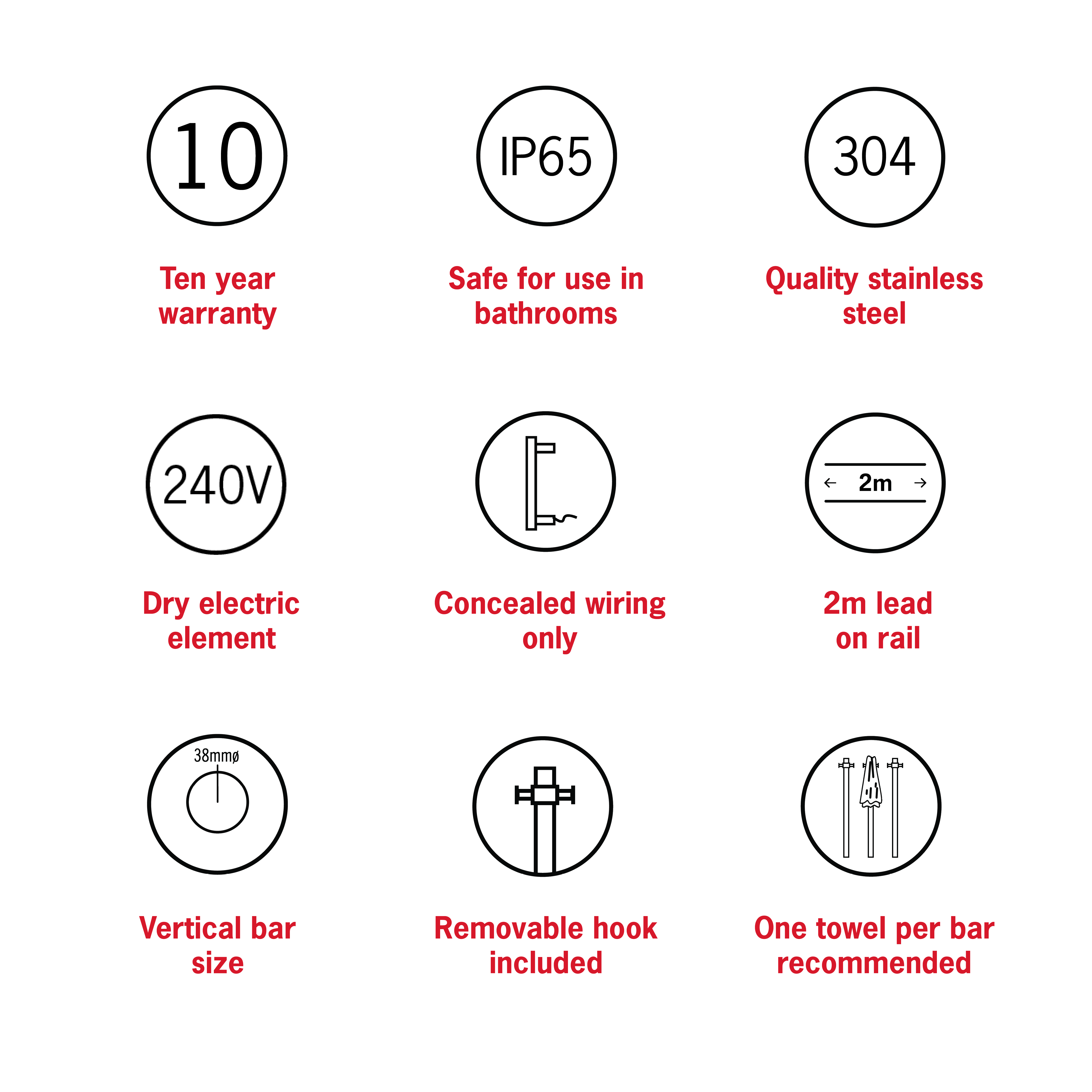 Thermorail Straight/Round 240Volt Vertical Bar 900x142x100mm 20Watt With Optional Hook