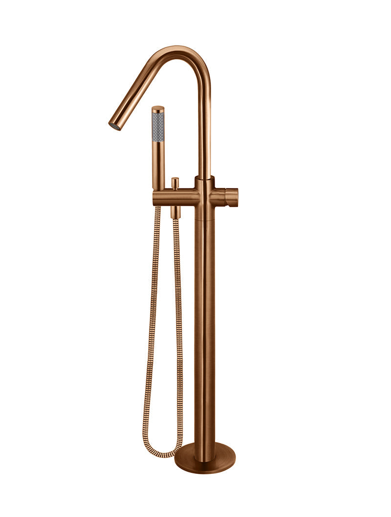 Round Pinless Freestanding Bath Spout and Hand Shower - Lustre Bronze