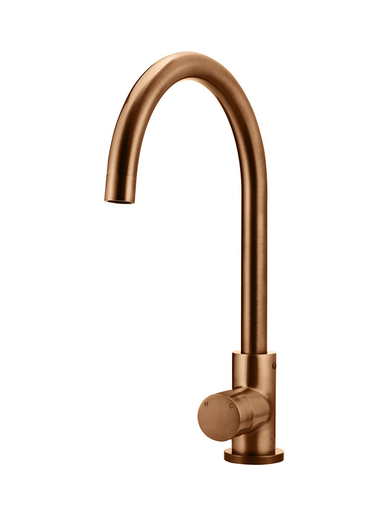 Round Gooseneck Kitchen Mixer Tap with Pinless Handle - Lustre Bronze