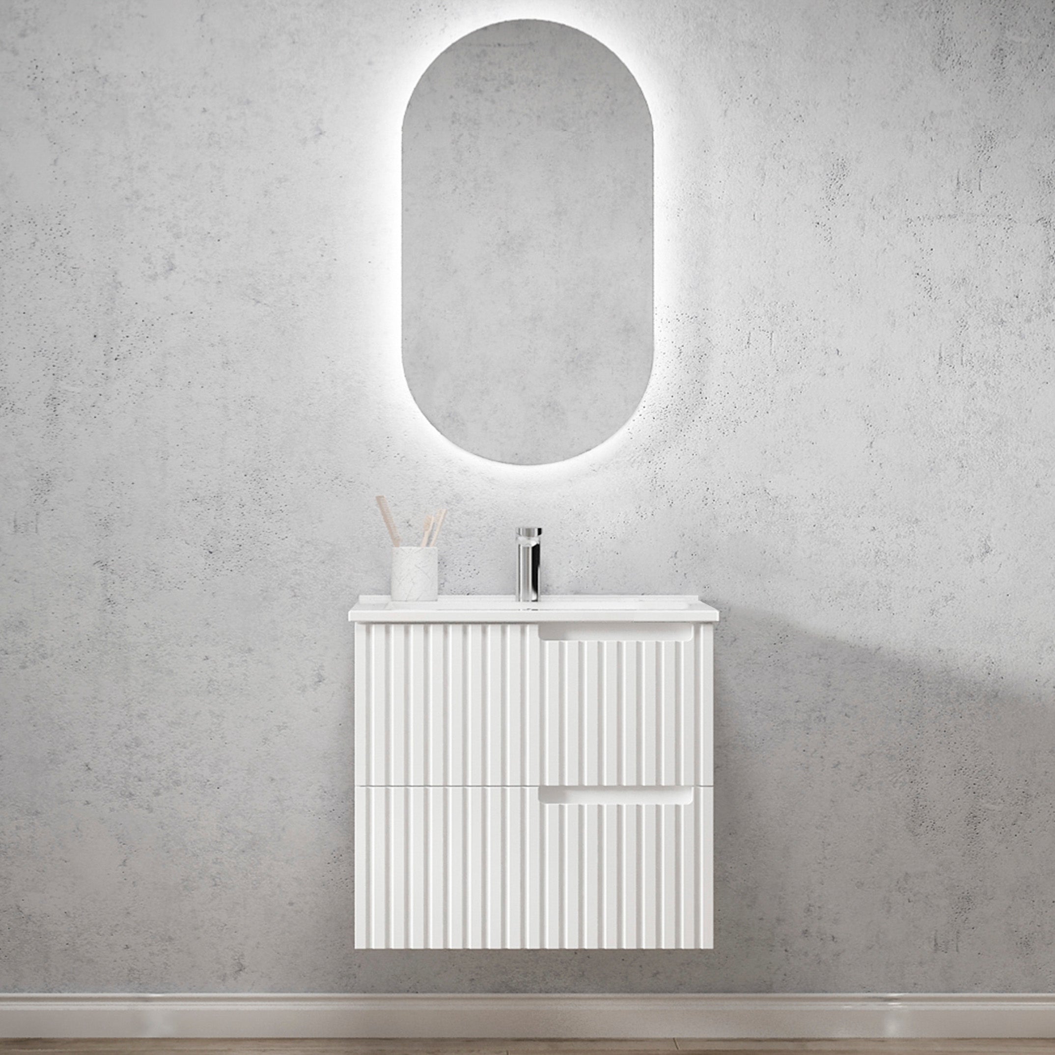 Noosa 600mm Satin White Wall Hung Vanity with Ceramic Top