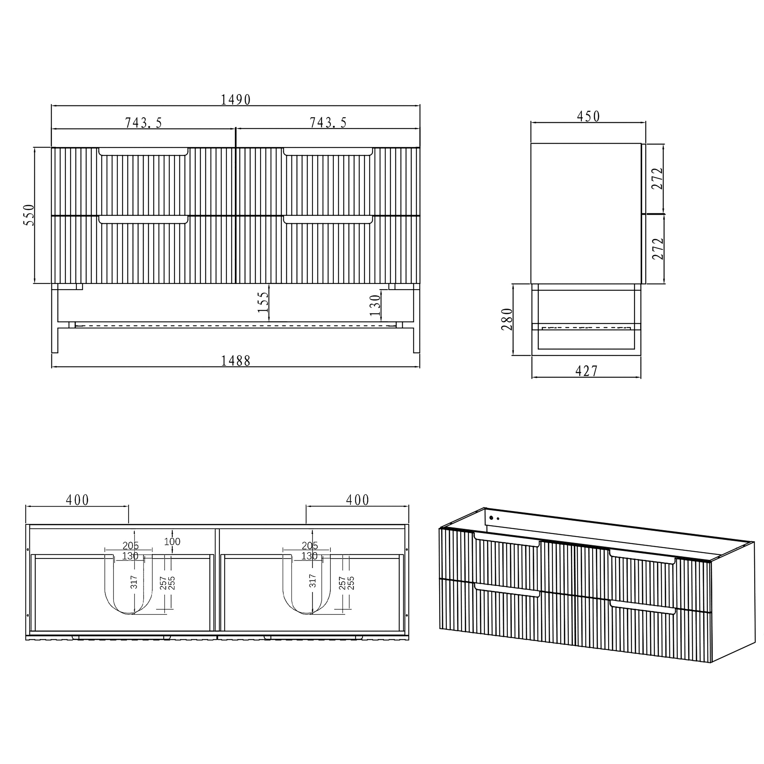 Noosa 1500mm Satin White Wall Hung Cabinet Only