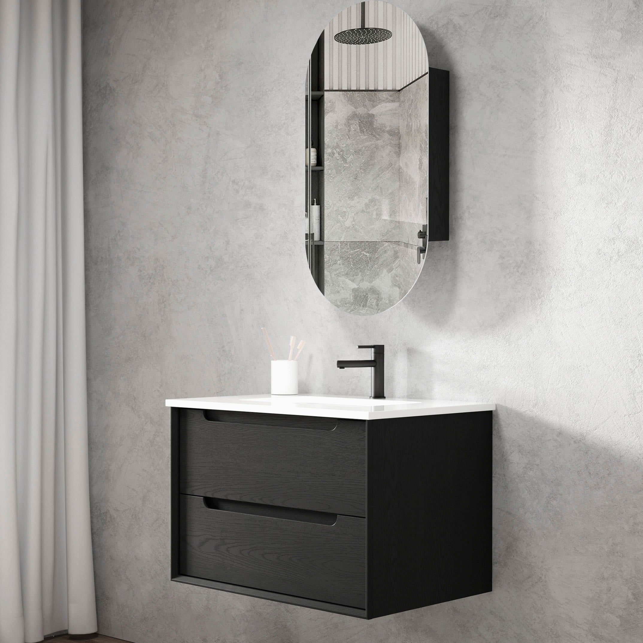 Byron 750mm Black Oak Wall Hung Vanity with Ceramic Top
