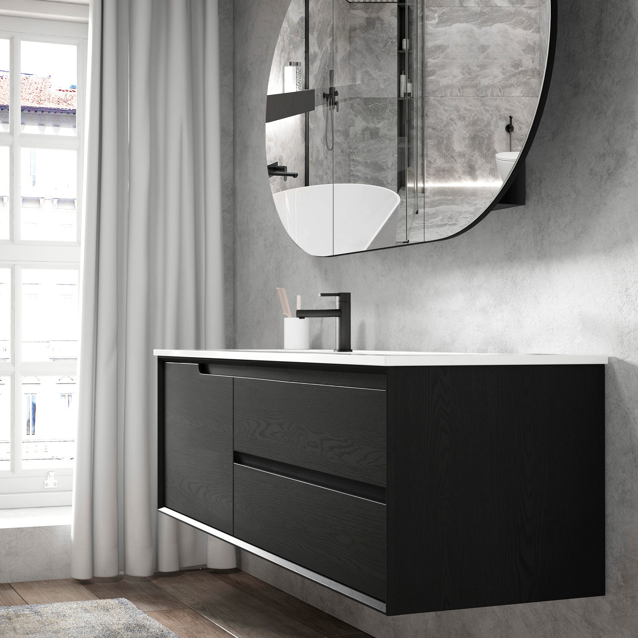 Byron 1200mm Black Oak Wall Hung Vanity with Ceramic Top