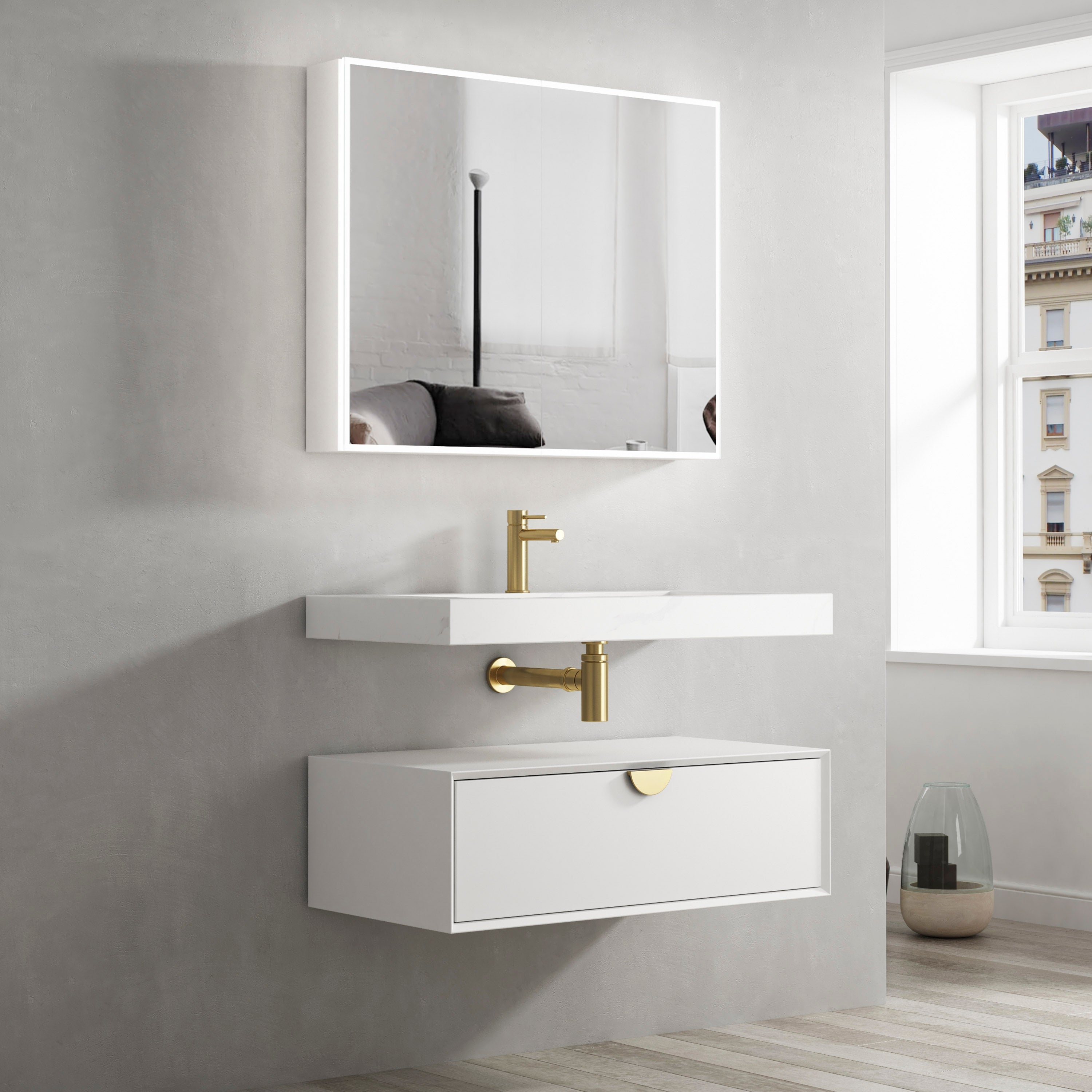 Moonlight Wall Hung Cabinet 900 White (Gold Handle)