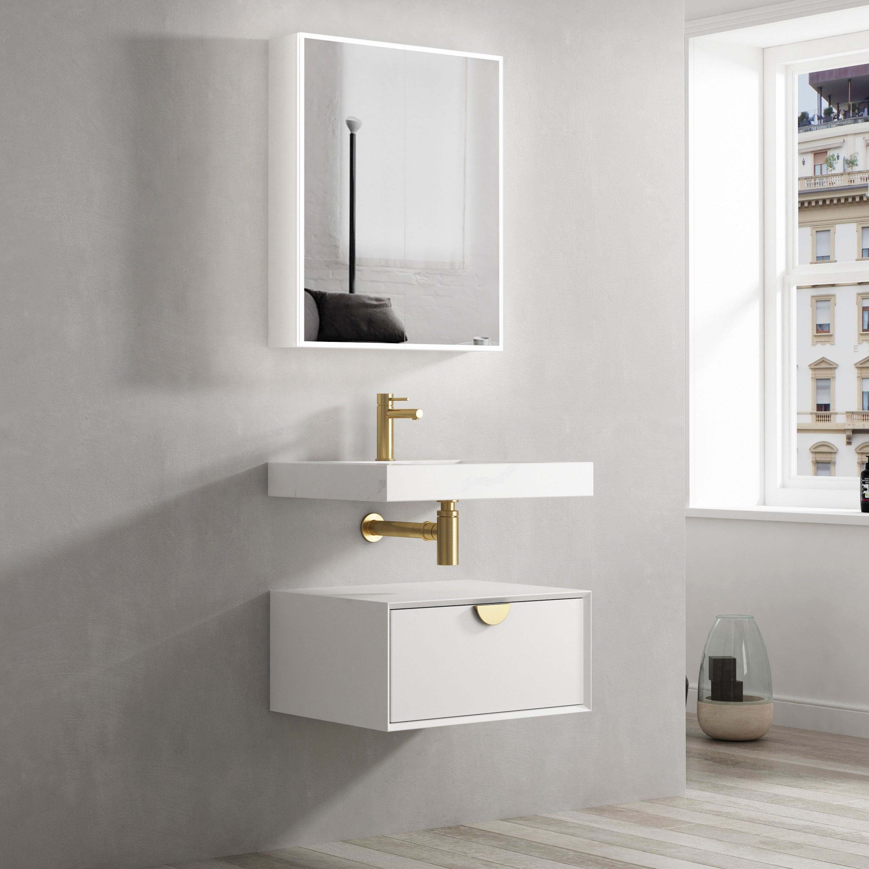 Moonlight Wall Hung Cabinet 600 White (Gold Handle)