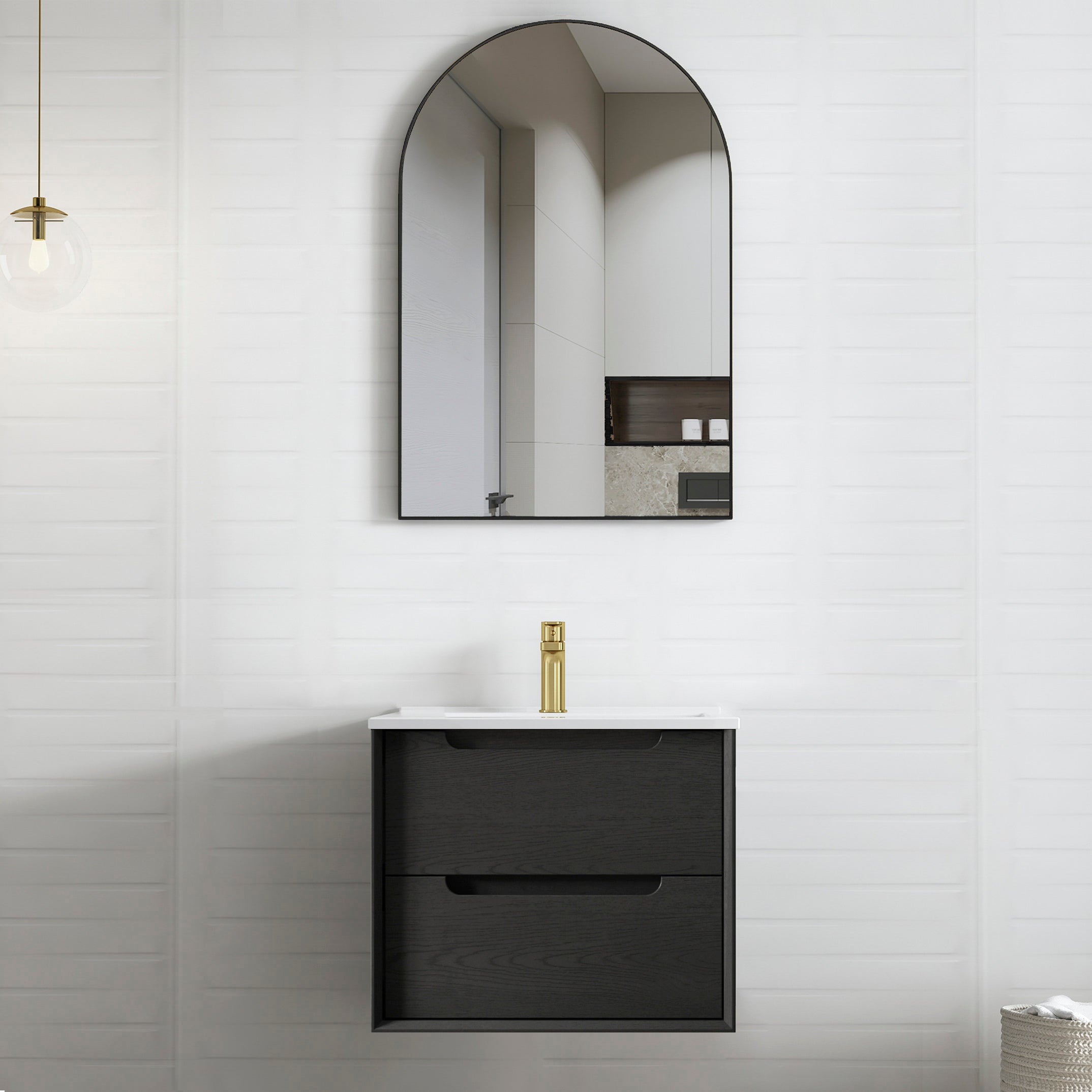 Byron 600mm Black Oak Wall Hung Vanity with Ceramic Top