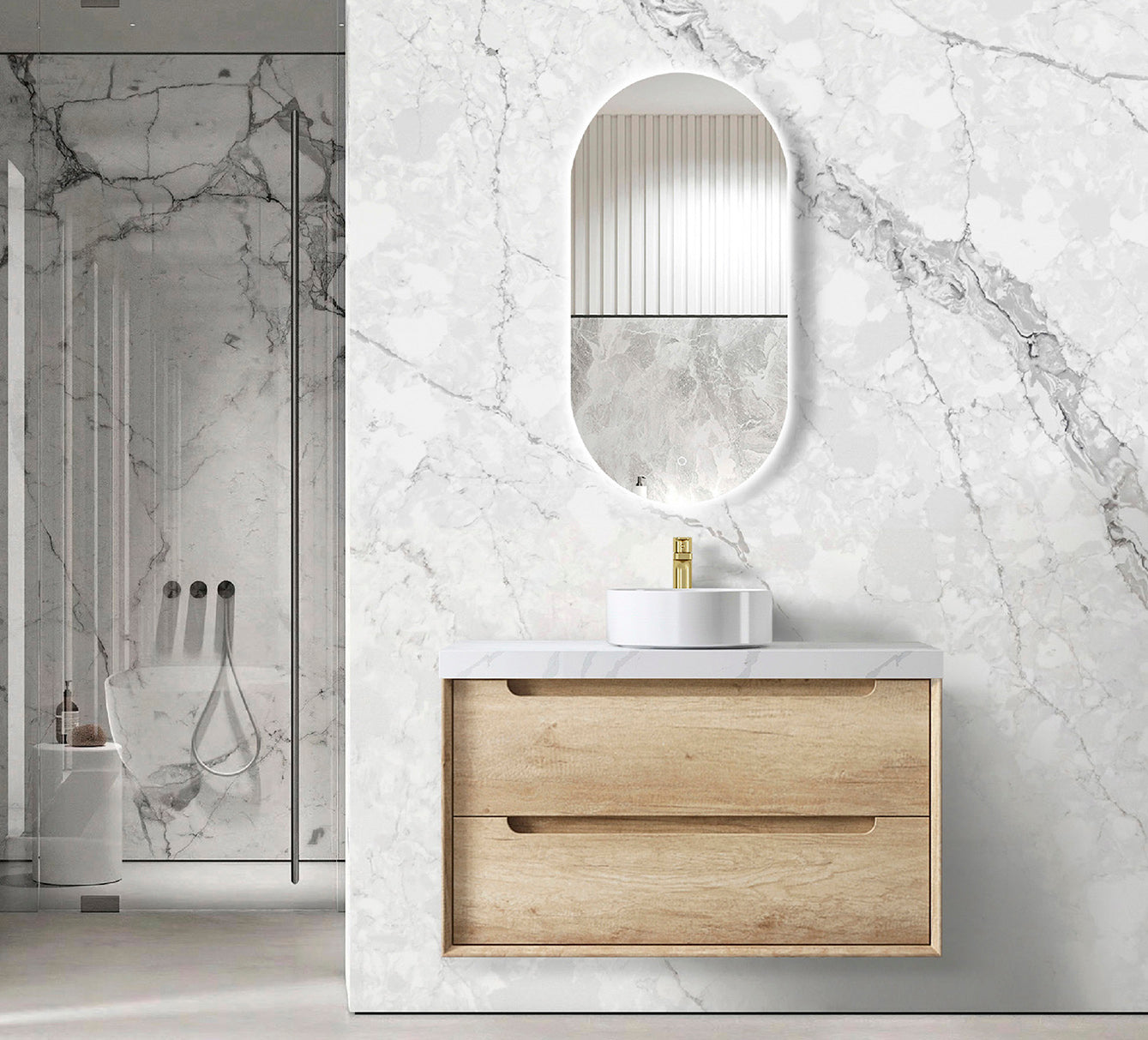 Byron 900mm Natural Oak Wall Hung Vanity with Mont Blanc 60mm Top 12TH