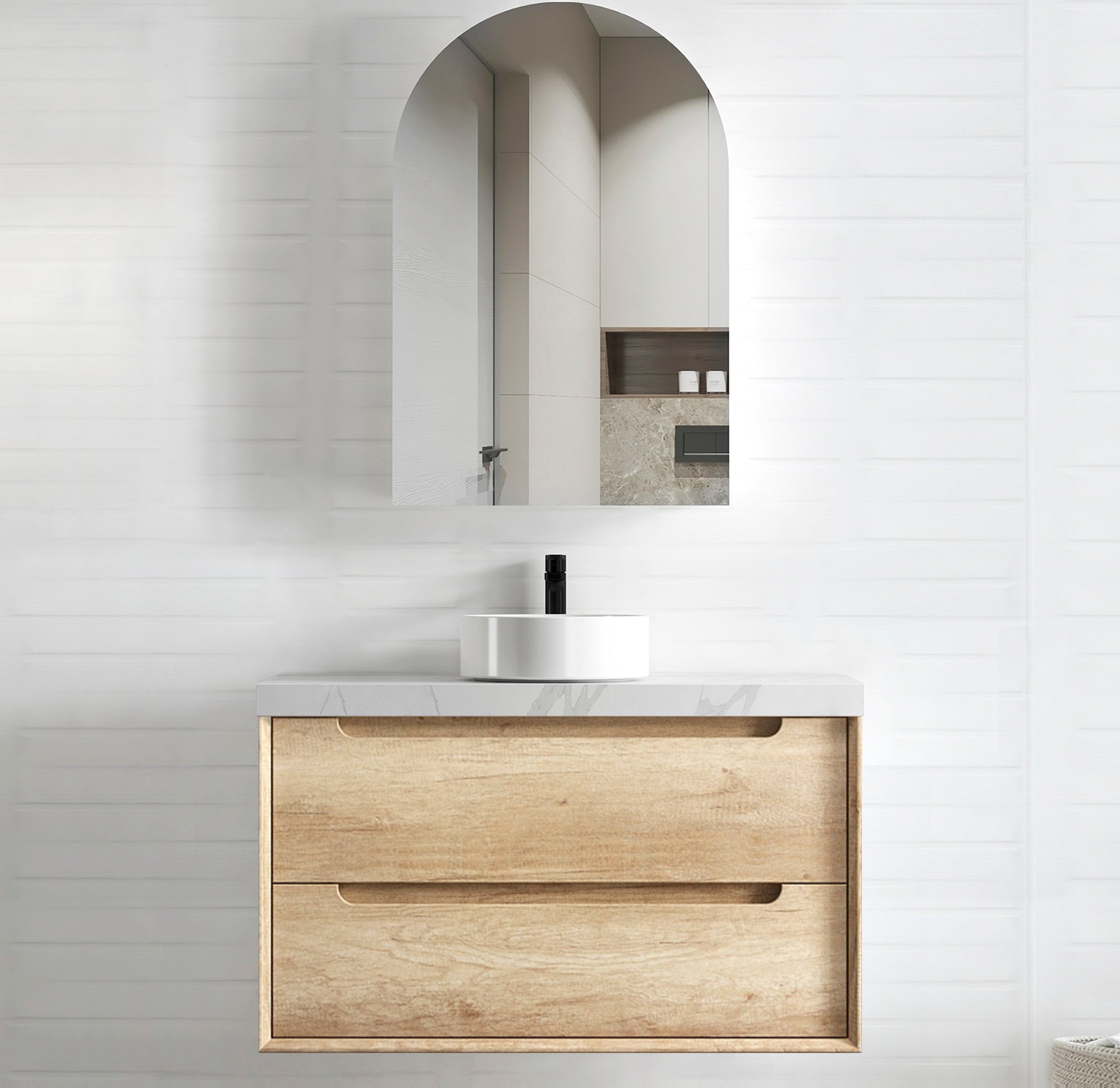 Byron 900mm Natural Oak Wall Hung Vanity with Mont Blanc 60mm Top 12TH