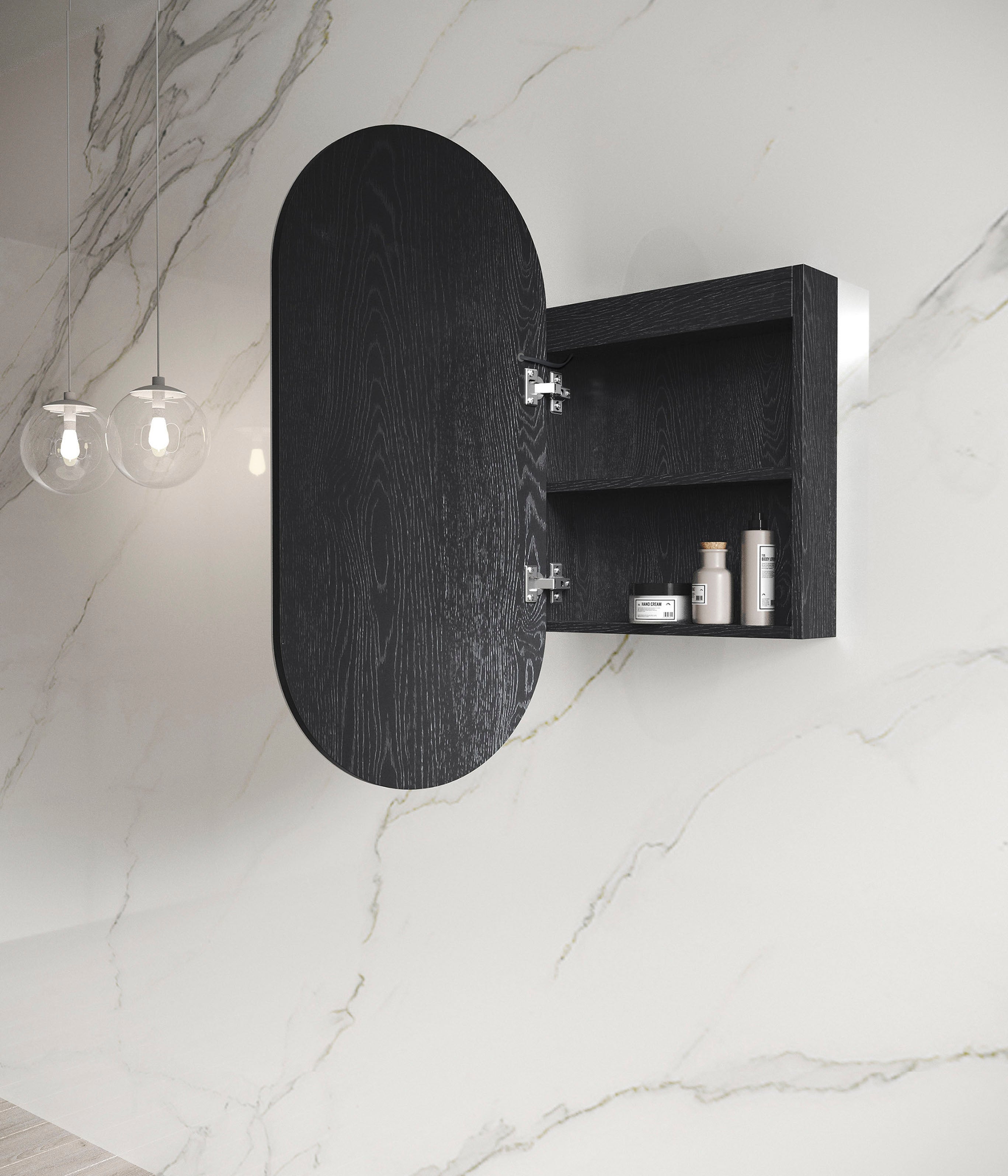 LED Noosa Oval Shape Shaving Cabinet Black Oak