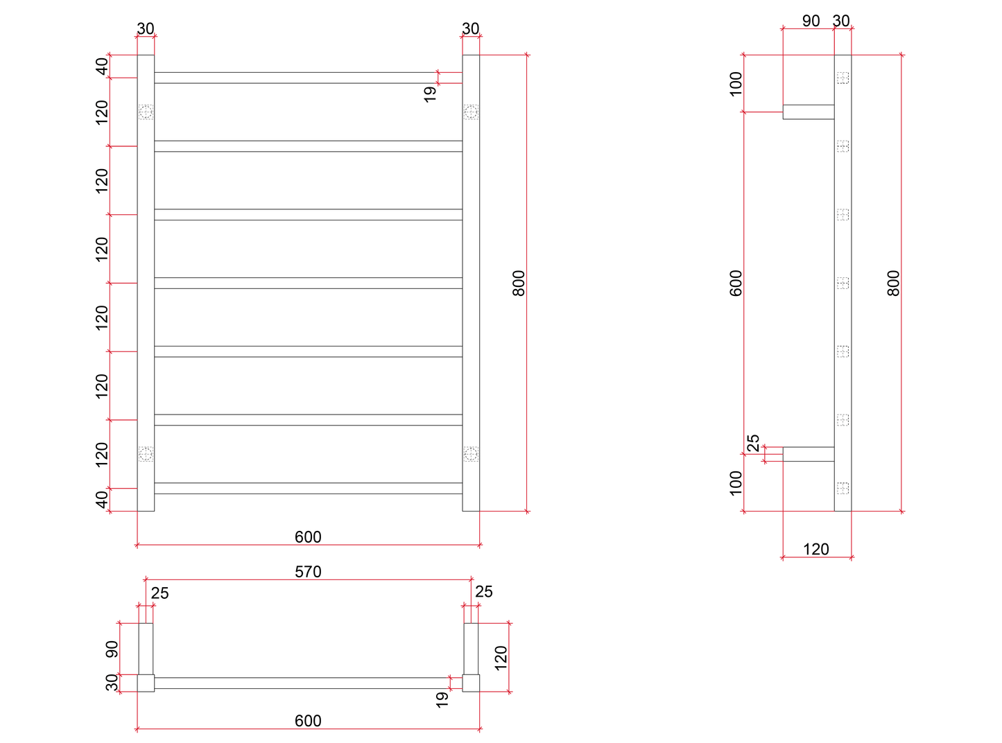 Thermorail Straight/Square 600x800x120mm 83Watts 7 Bars