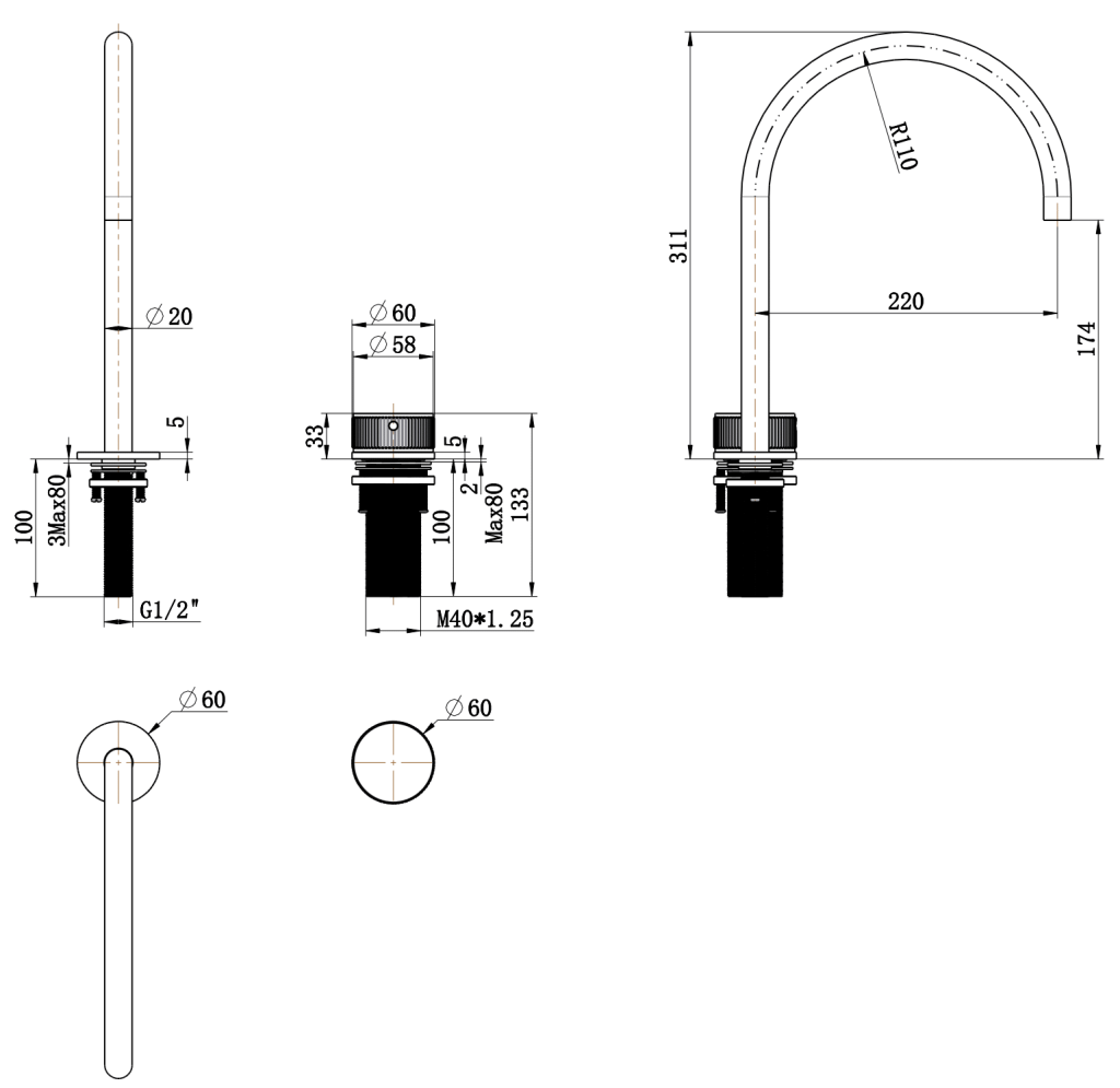 Mica Fluted Gooseneck Hob Sink/Basin Mixer Set