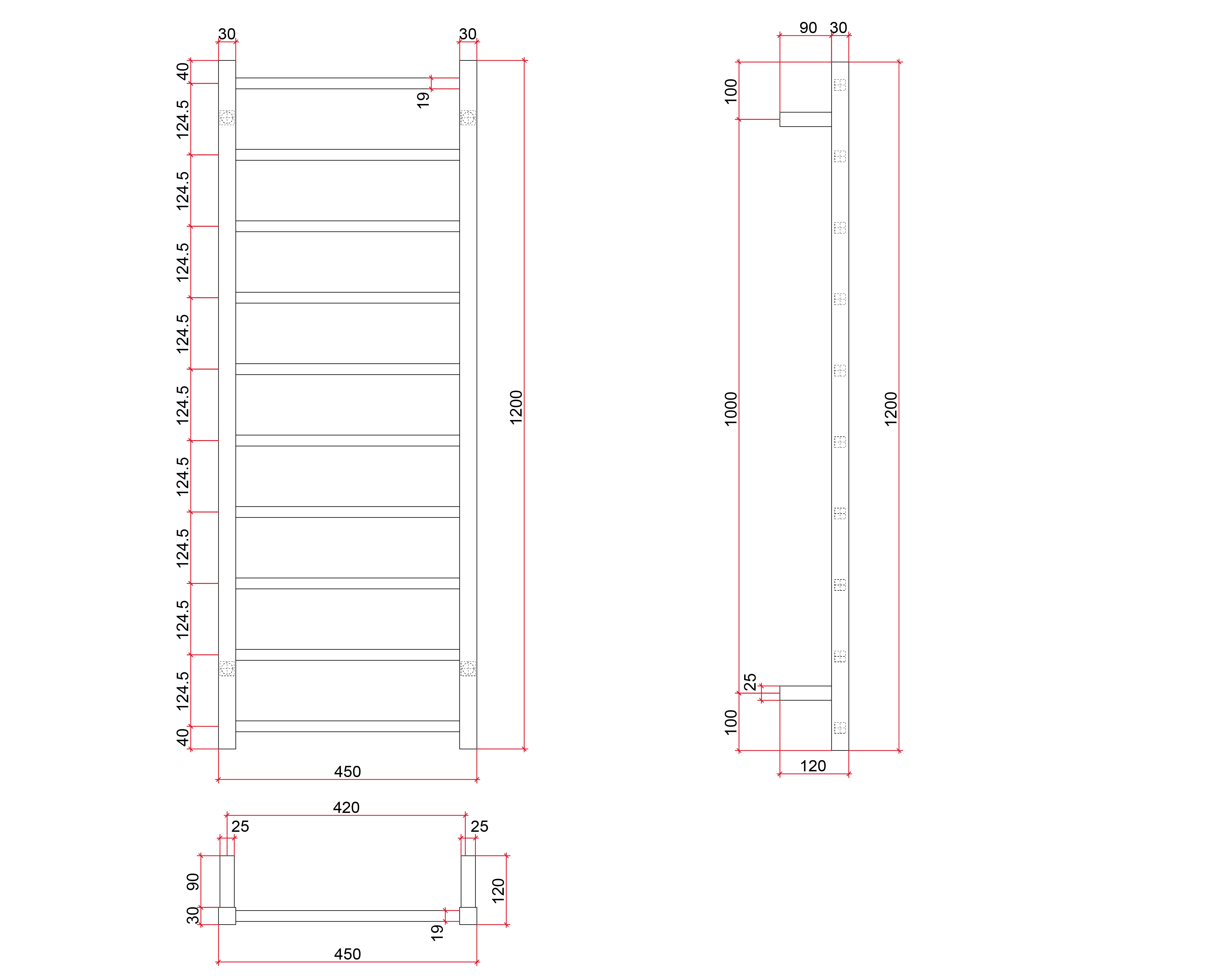 Thermorail Straight/Square 450x1200x120mm 89Watts 10 Bars