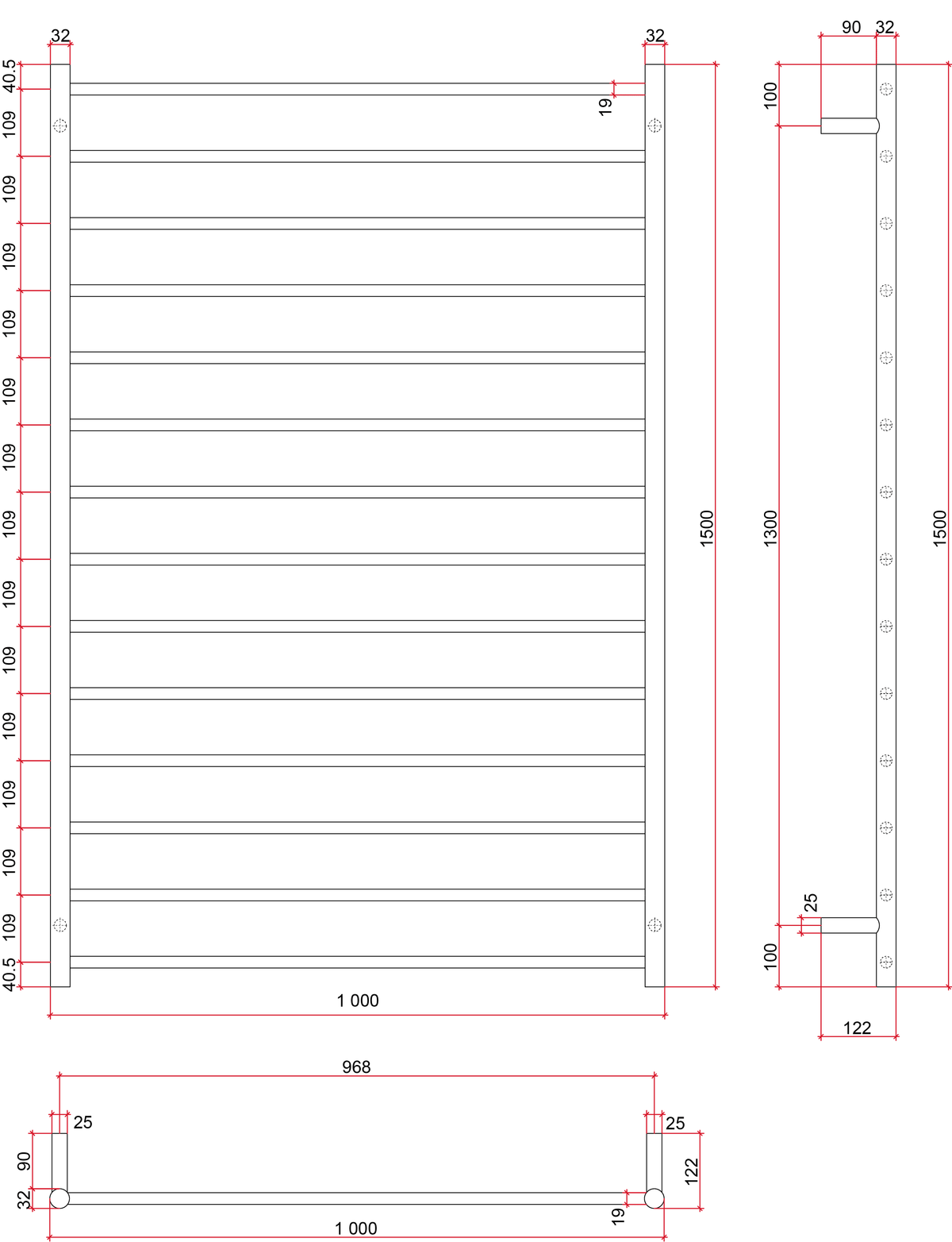 Thermorail Straight/Round 1000x1500x122mm 244Watts 14 Bars