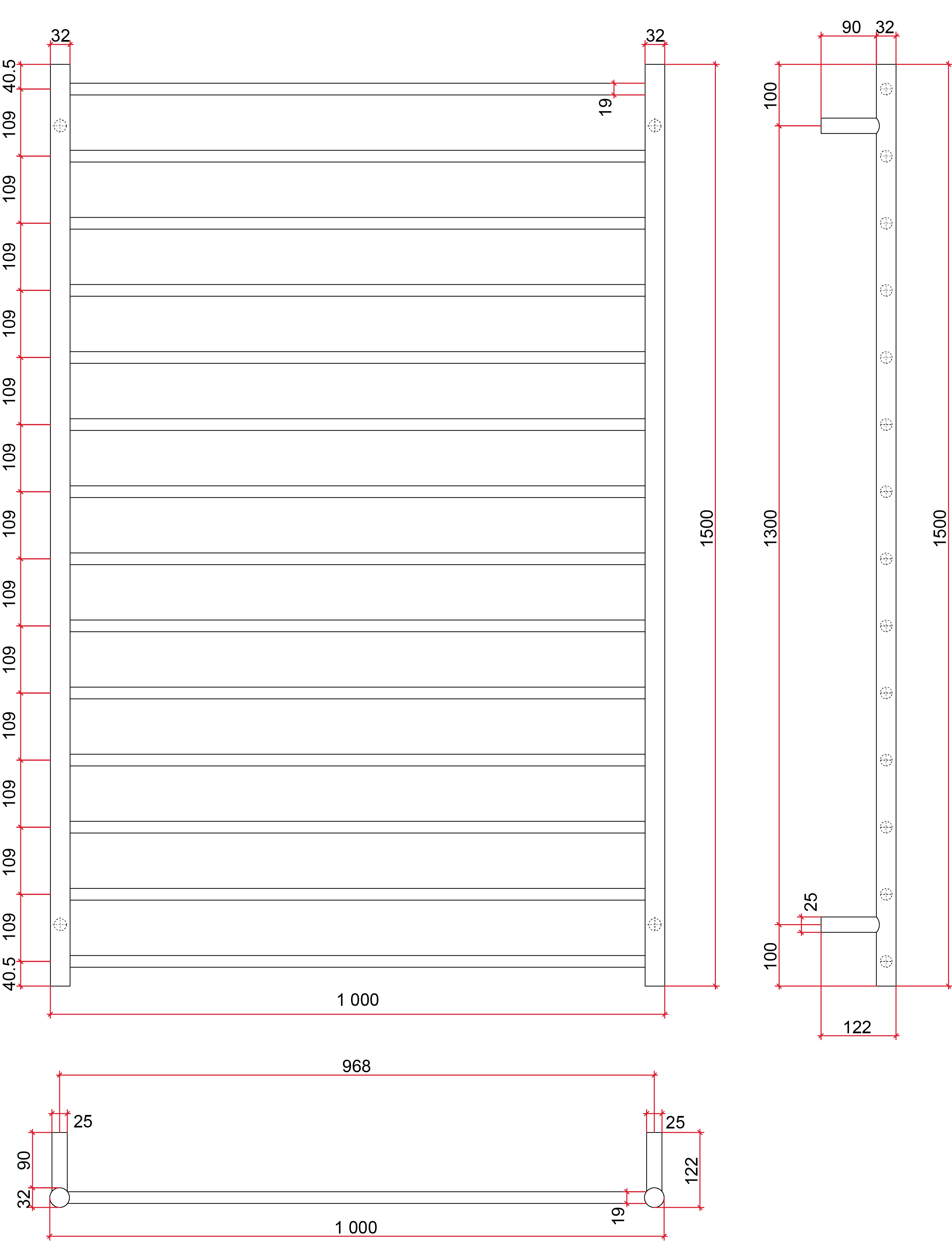 Thermorail Straight/Round 1000x1500x122mm 244Watts 14 Bars