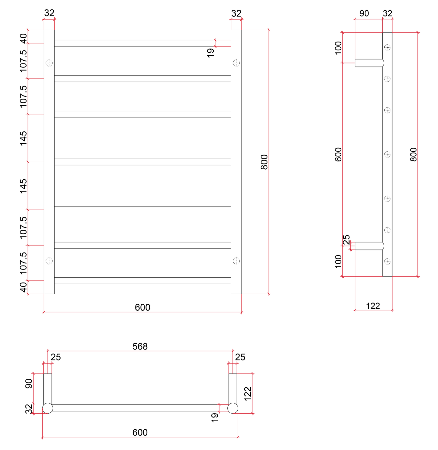 Thermorail Straight/Round 600x800x122mm 80Watts 7 Bars - White