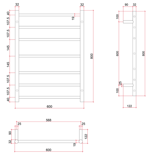 Thermorail Straight/Round 600x800x122mm 80Watts 7 Bars - White