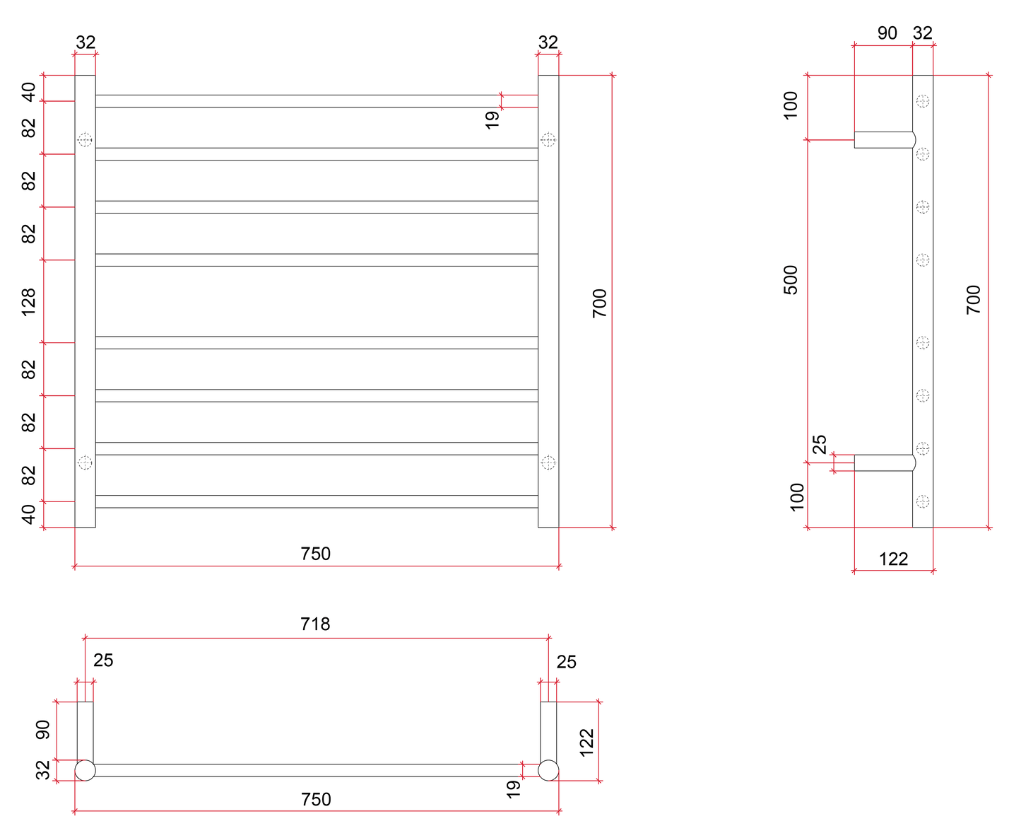 Thermorail Straight/Round 750x700x122mm 104Watts 8 Bars
