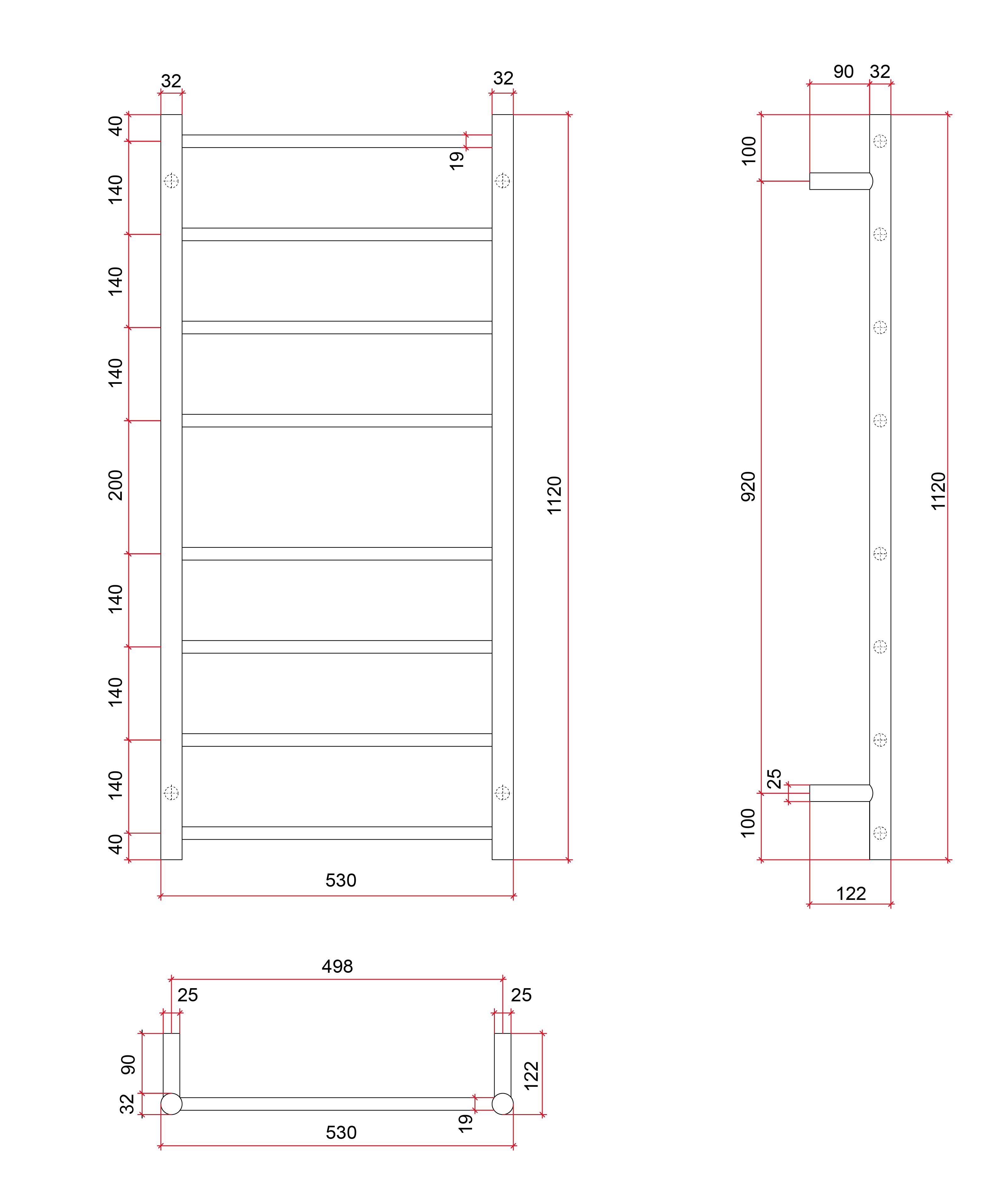 Thermorail Straight/Round 530x1120x122mm 80Watts 8 Bars