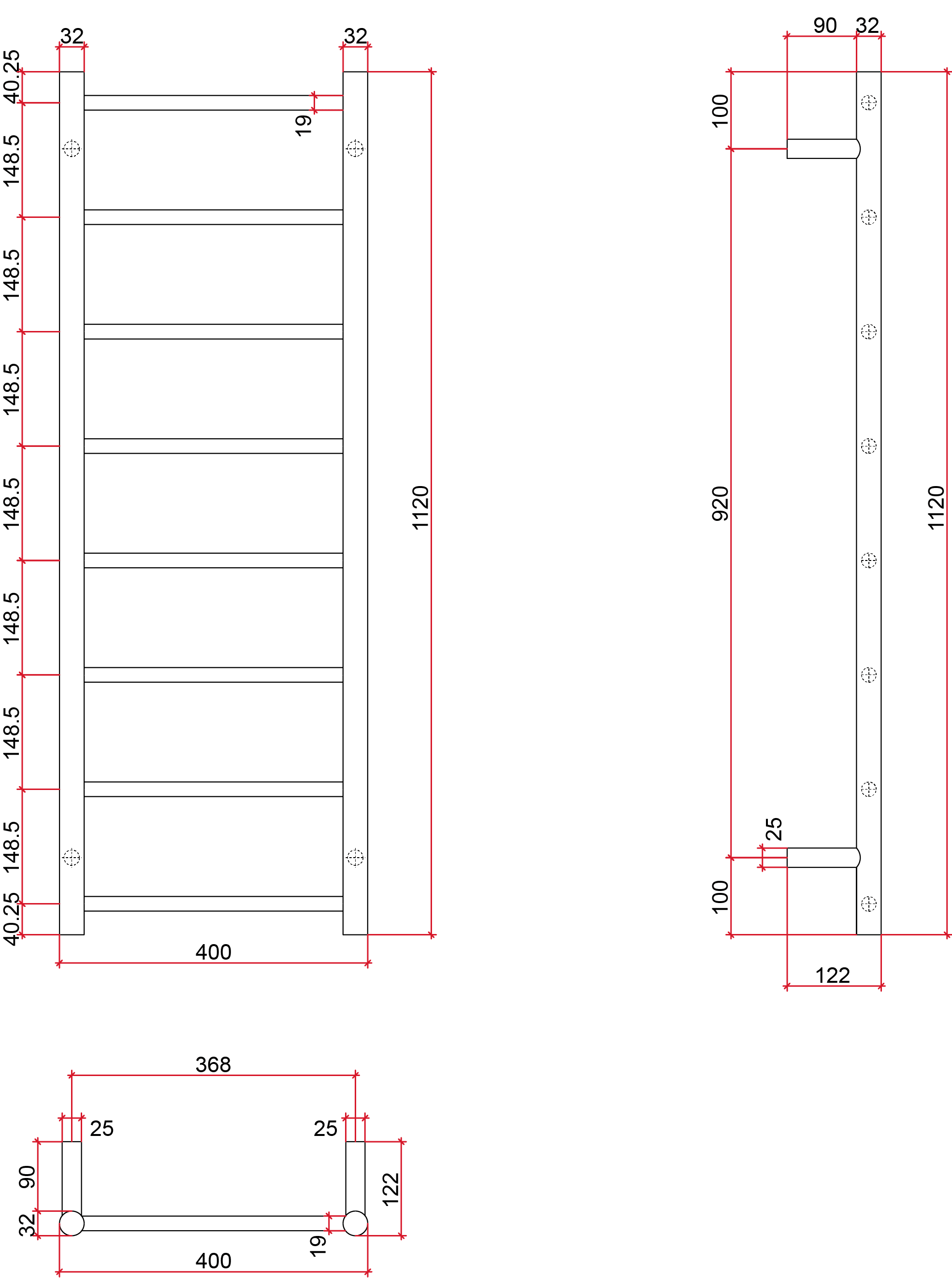 Thermorail Straight/Round 400x1120x122mm 65Watts 8 Bars