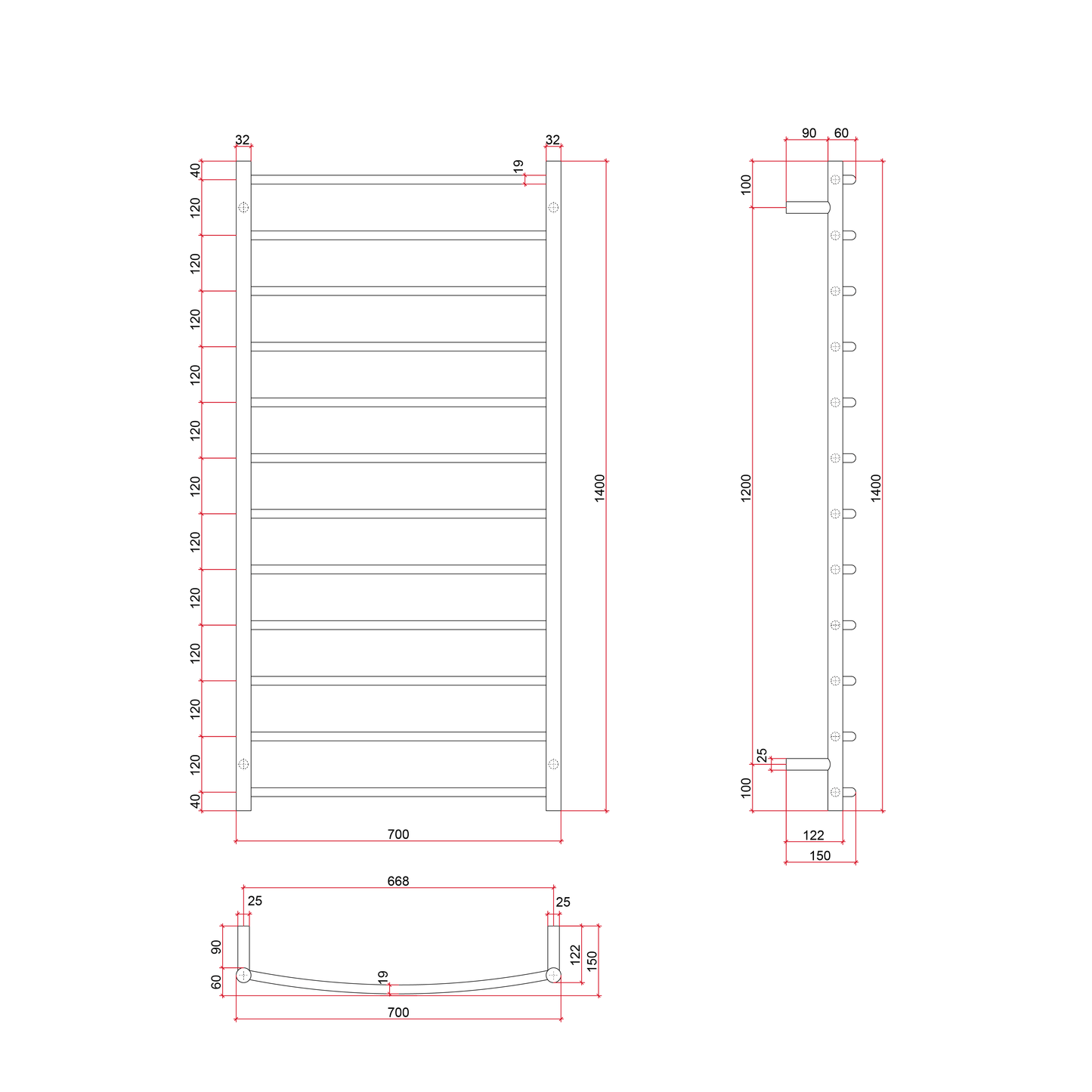 Thermorail Curved/Round 700x1400x150mm 153Watts 12 Bars