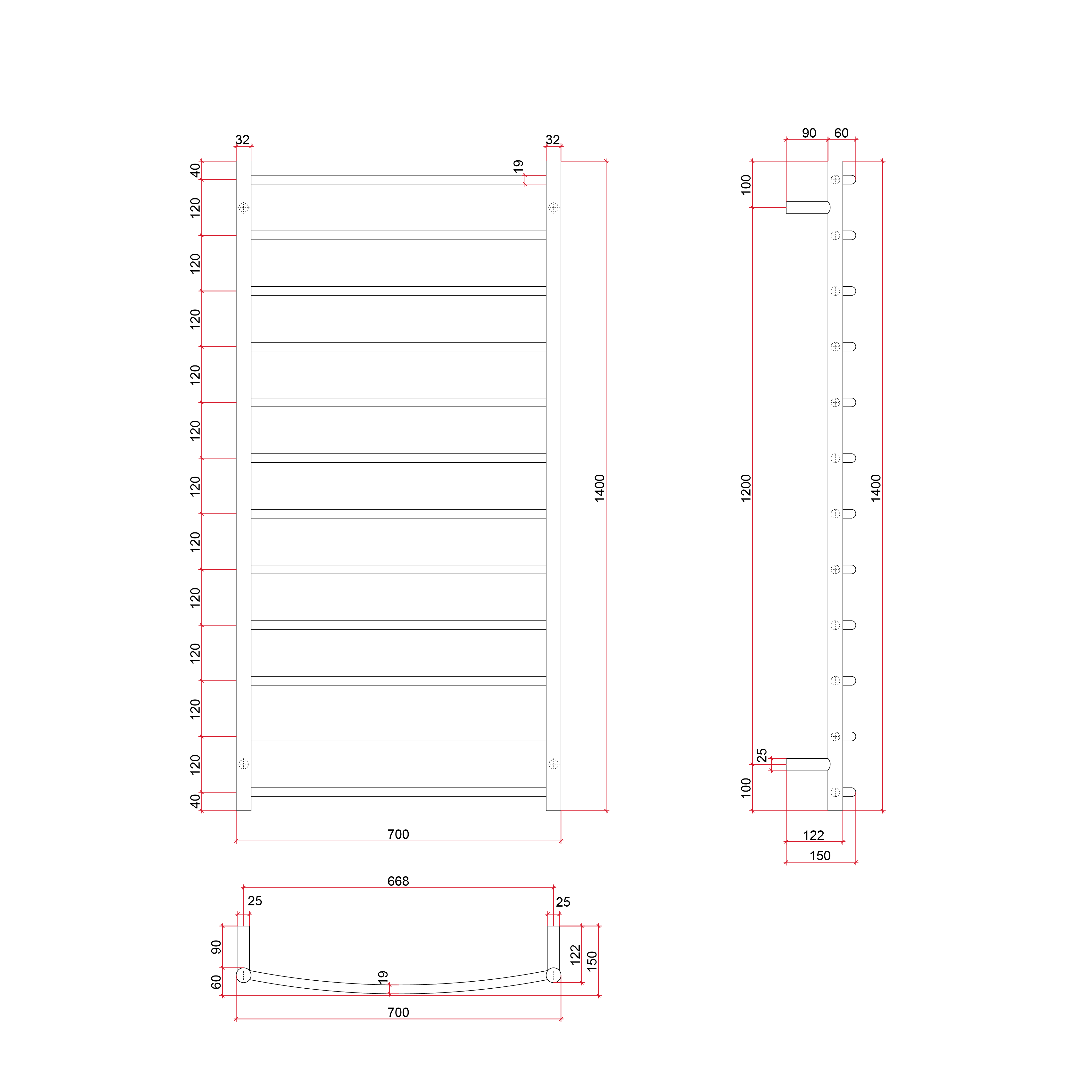Thermorail Curved/Round 700x1400x150mm 153Watts 12 Bars
