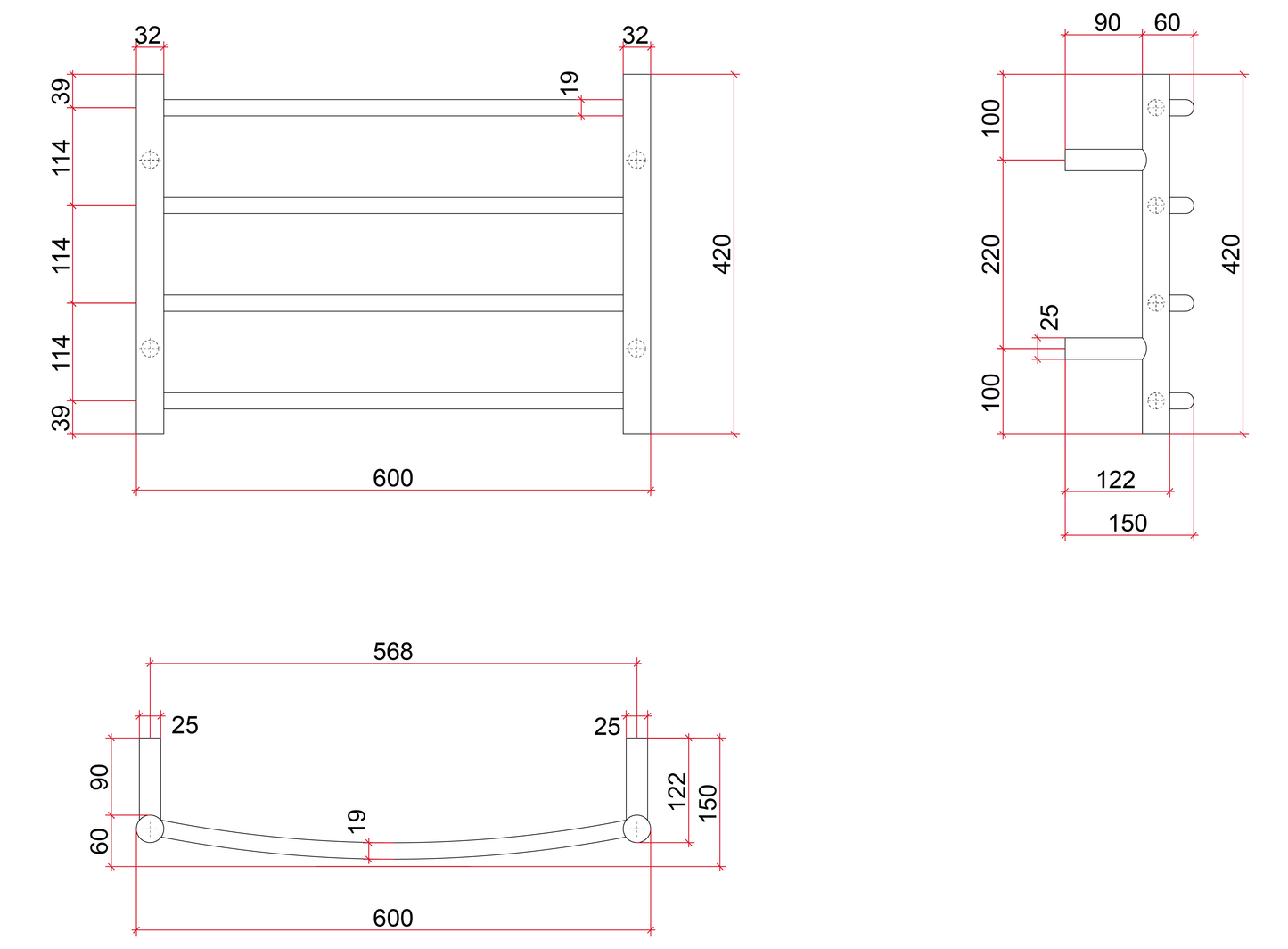 Thermorail Curved/Round 600x420x150mm 45Watts 4 Bars