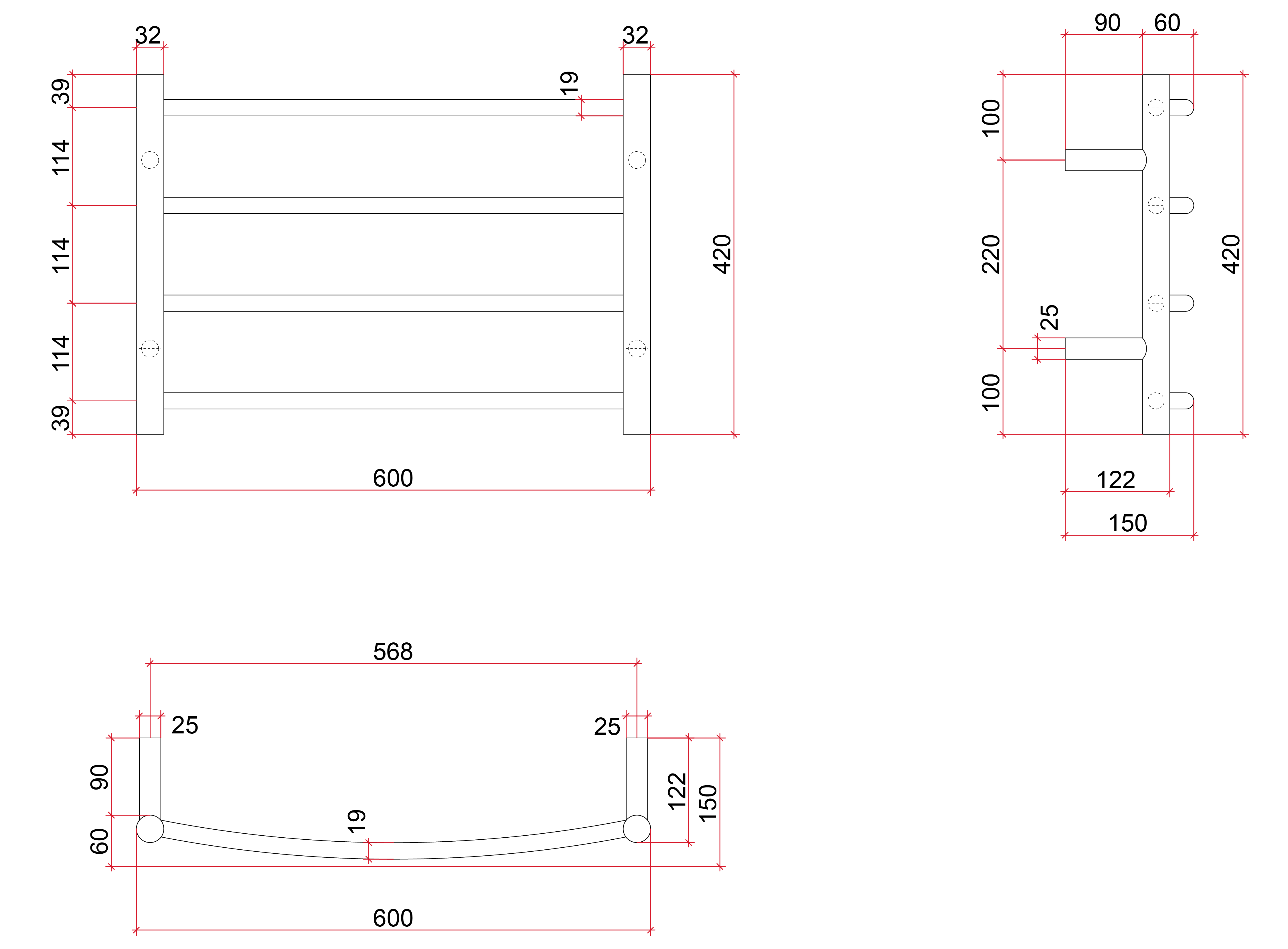 Thermorail Curved/Round 600x420x150mm 45Watts 4 Bars