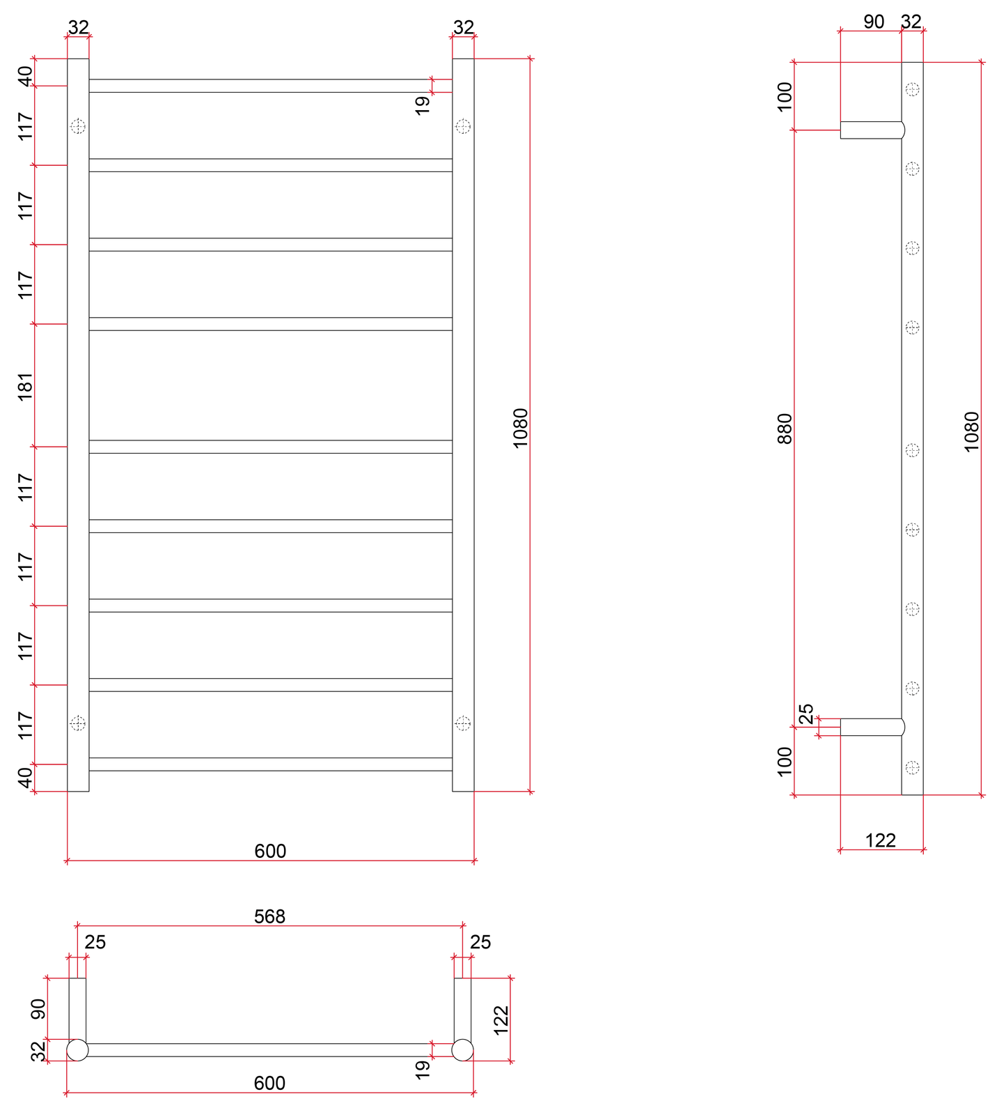 Thermorail Budget Straight/Round 600x1080x122mm 103Watts 9 Bars