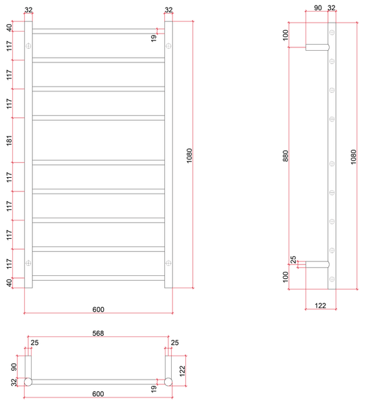 Thermorail Budget Straight/Round 600x1080x122mm 103Watts 9 Bars