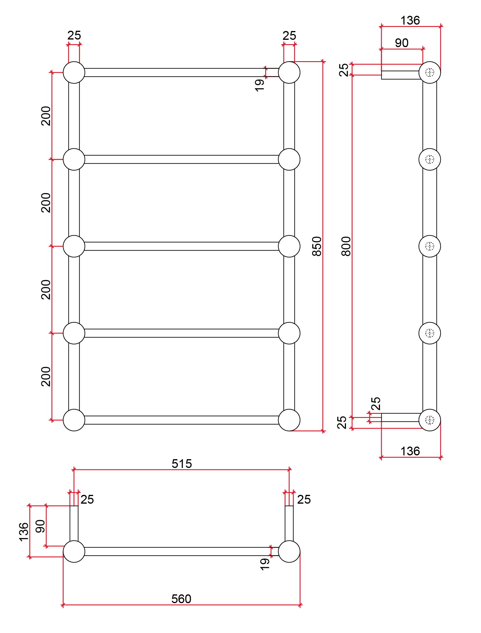 Thermorail Straight/Round with Ball Detail 560x850x140mm 60Watts 5 Bars