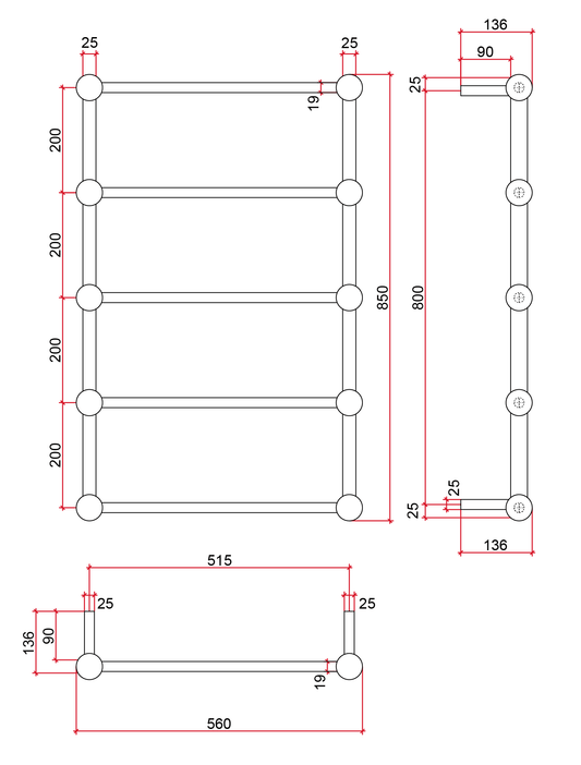 Thermorail Straight/Round with Ball Detail 560x850x140mm 60Watts 5 Bars