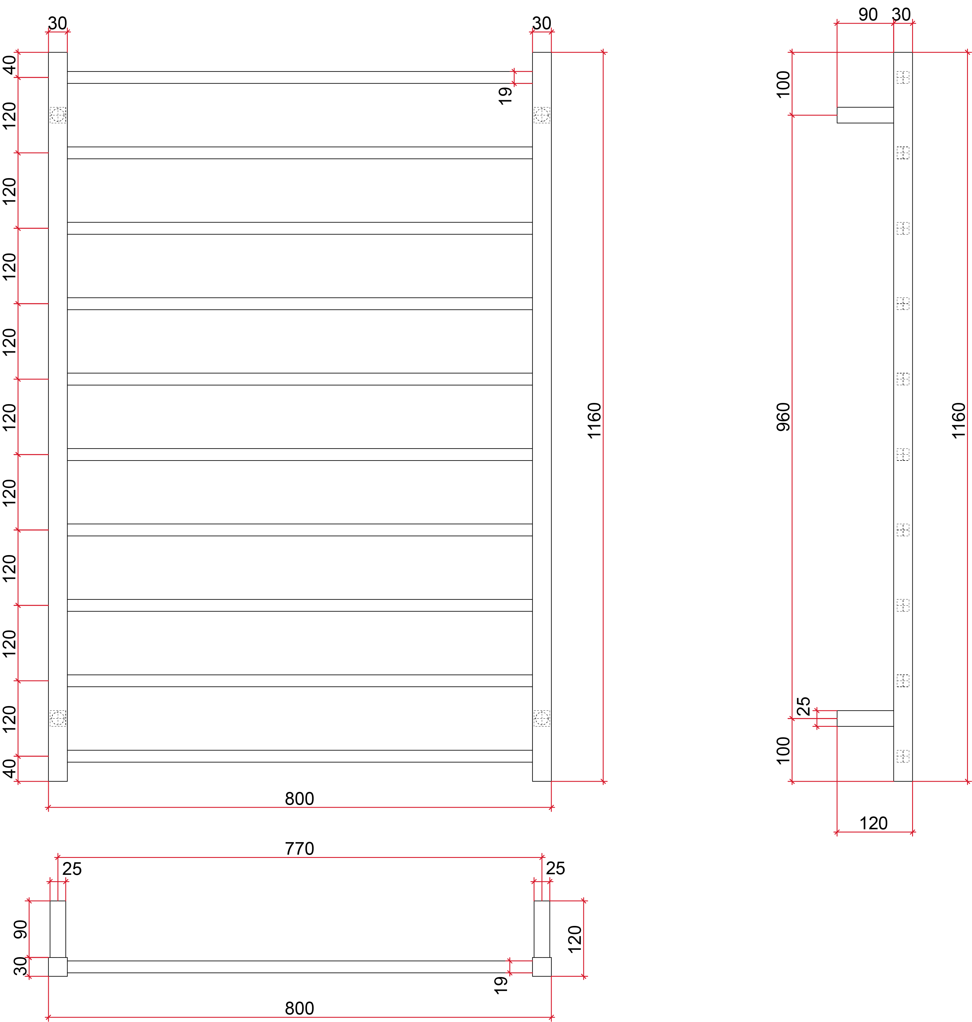 Thermorail Straight/Square 800x1160x120mm 153Watts 10 Bars