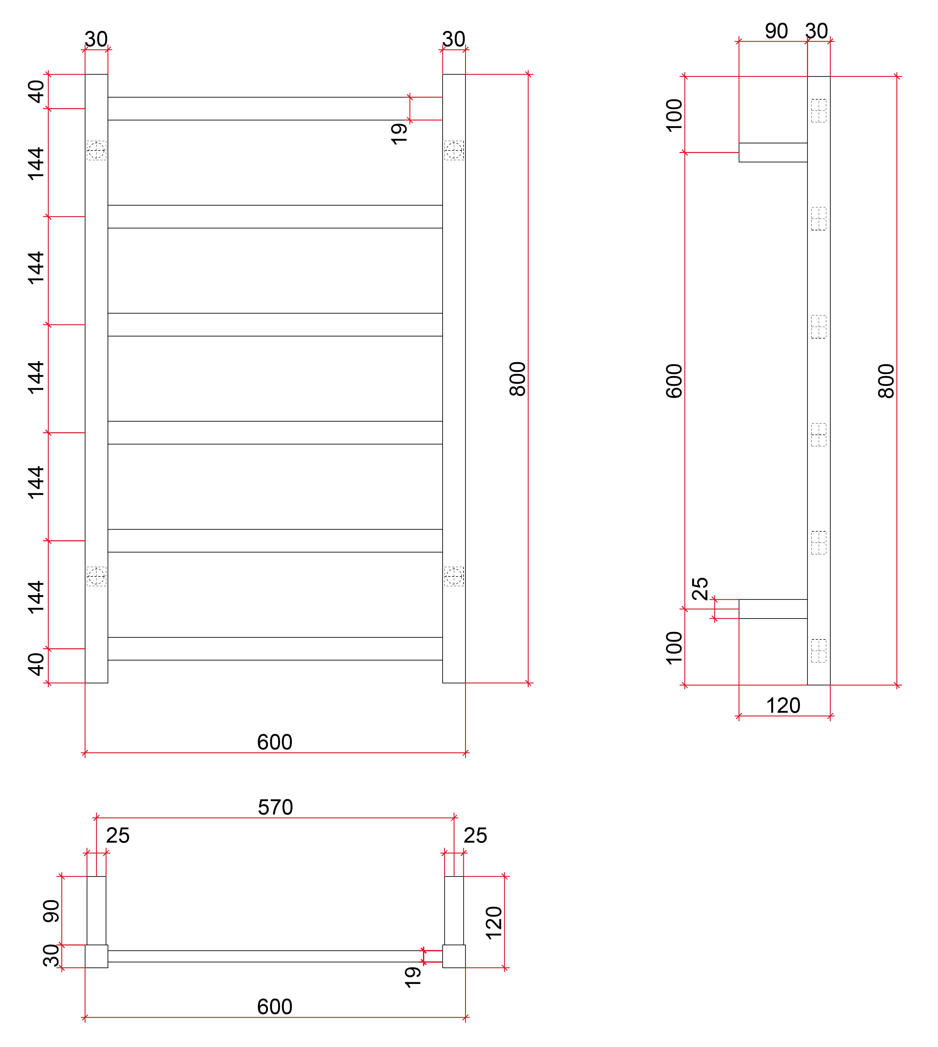 Thermorail Straight/Square 600x800x120mm 104Watts 6 Bars - Matt Black