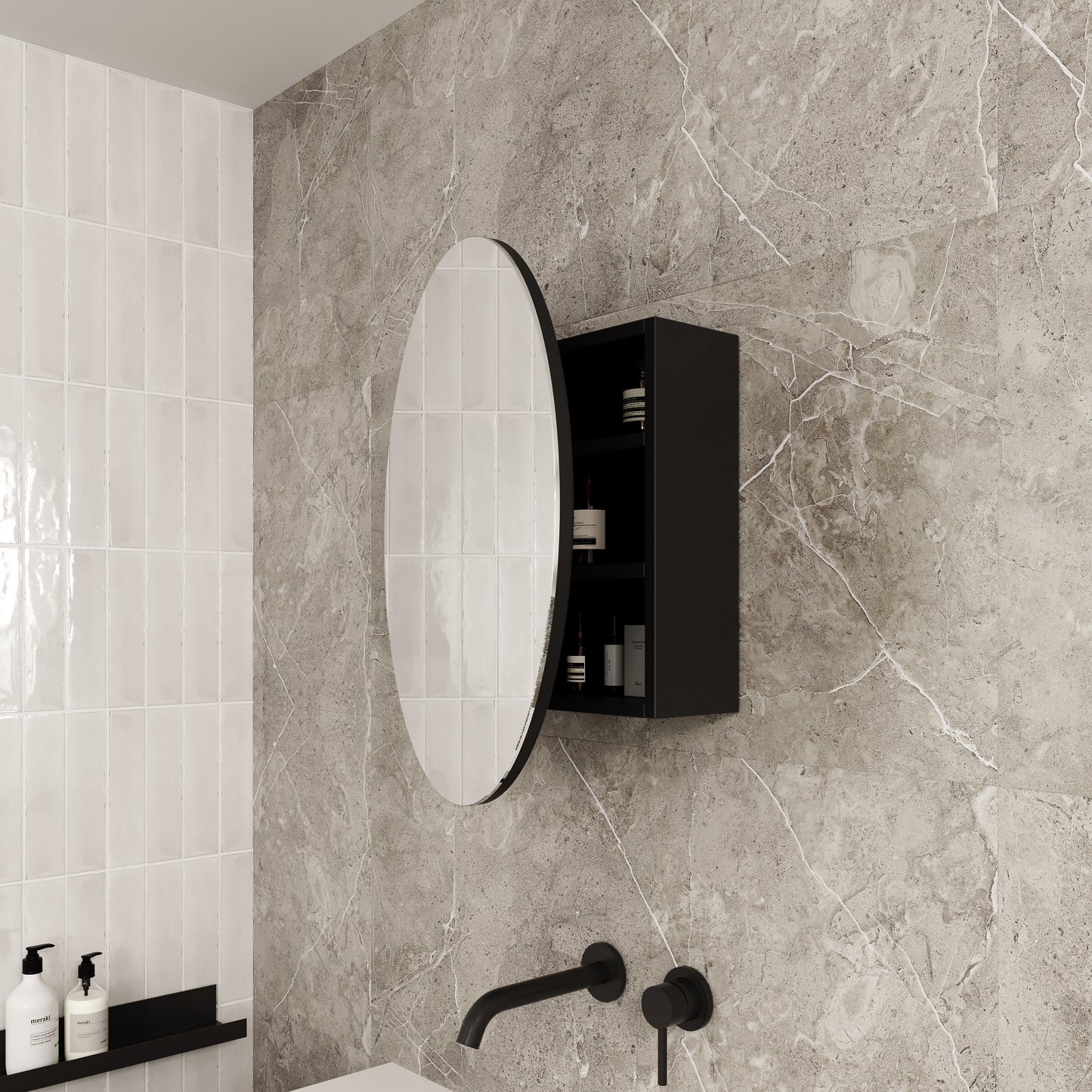 Chelsea Round Black Mirror Cabinet - 600ø x 150mm