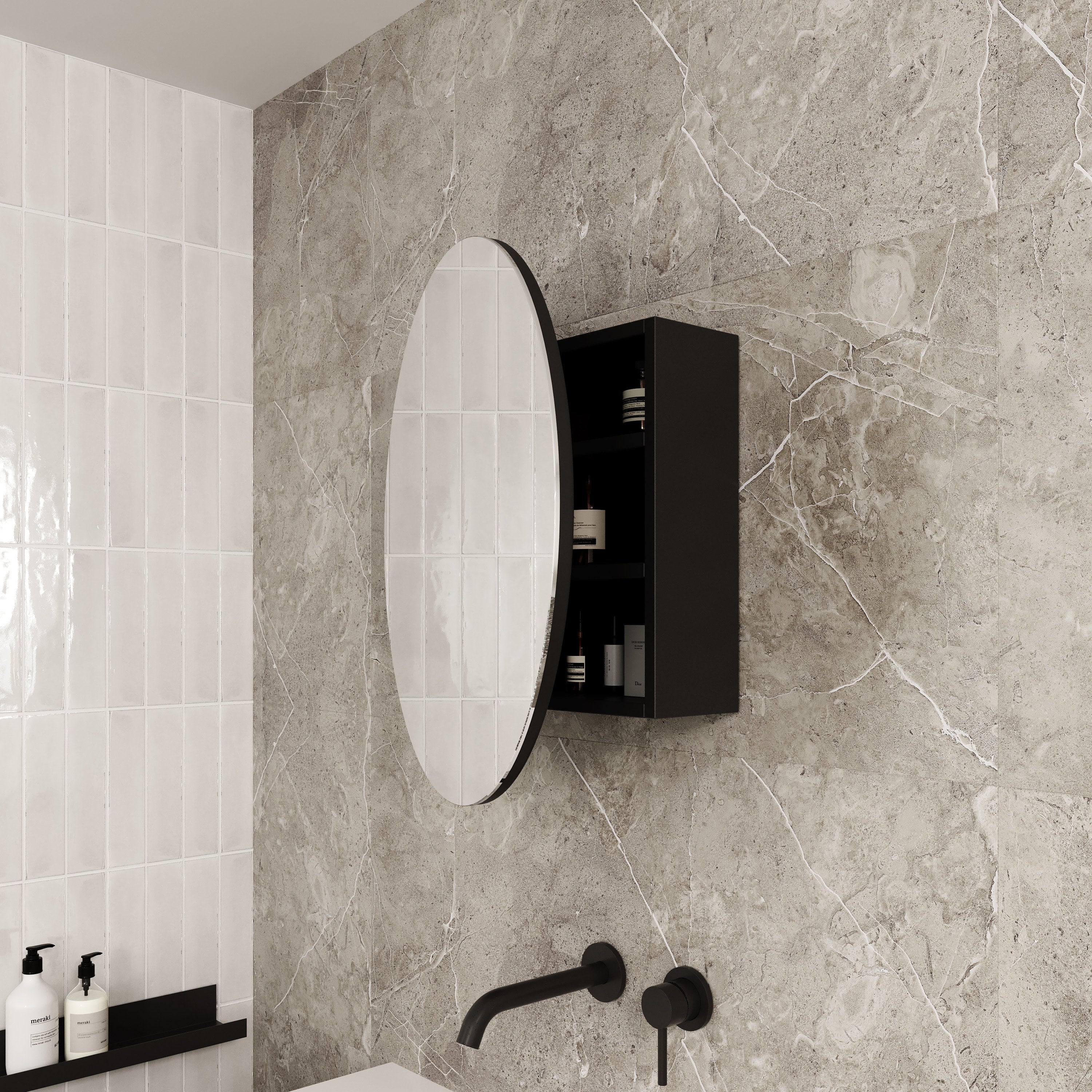 Chelsea Round Black Mirror Cabinet - 600ø x 150mm