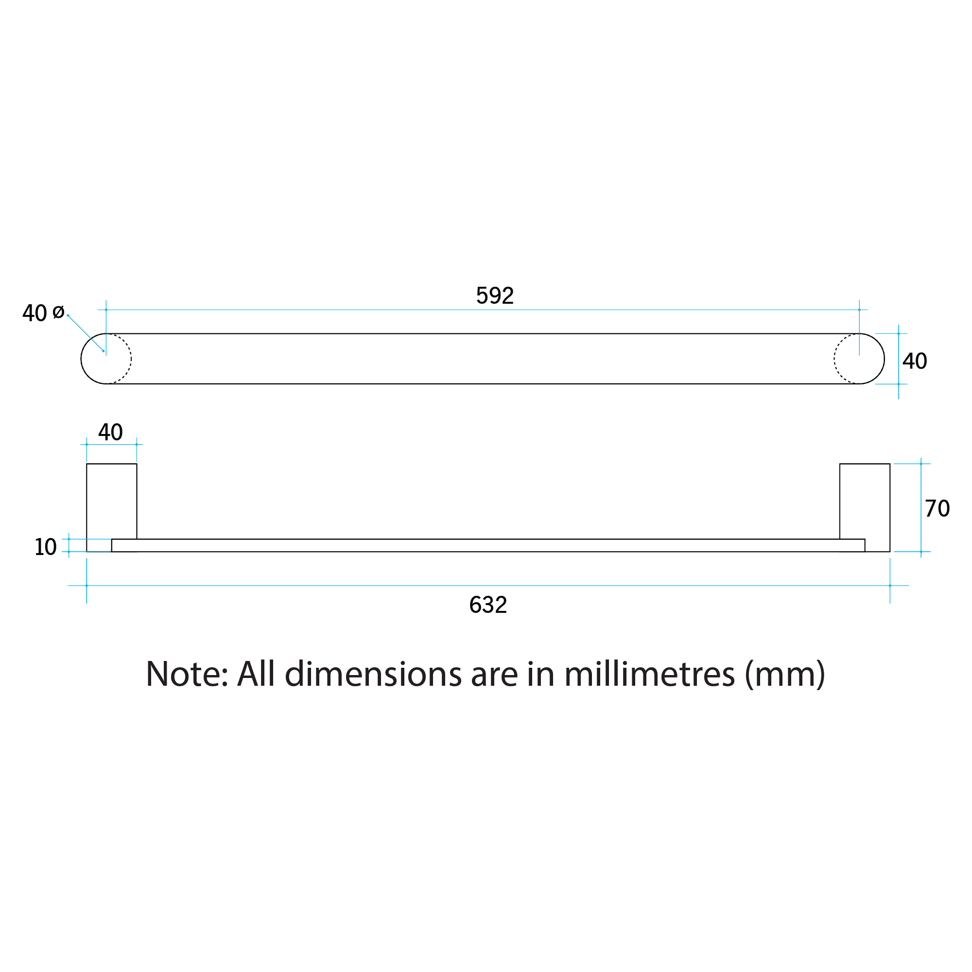 Thermorail Flat Pill Single Rail 632x40x70mm 16Watts - Matt Black - Includes Transformer