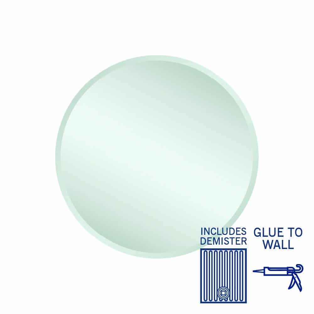 Kent 18Mm Bevel Round Mirror - 600Mmø Glue-To-Wall And Demister