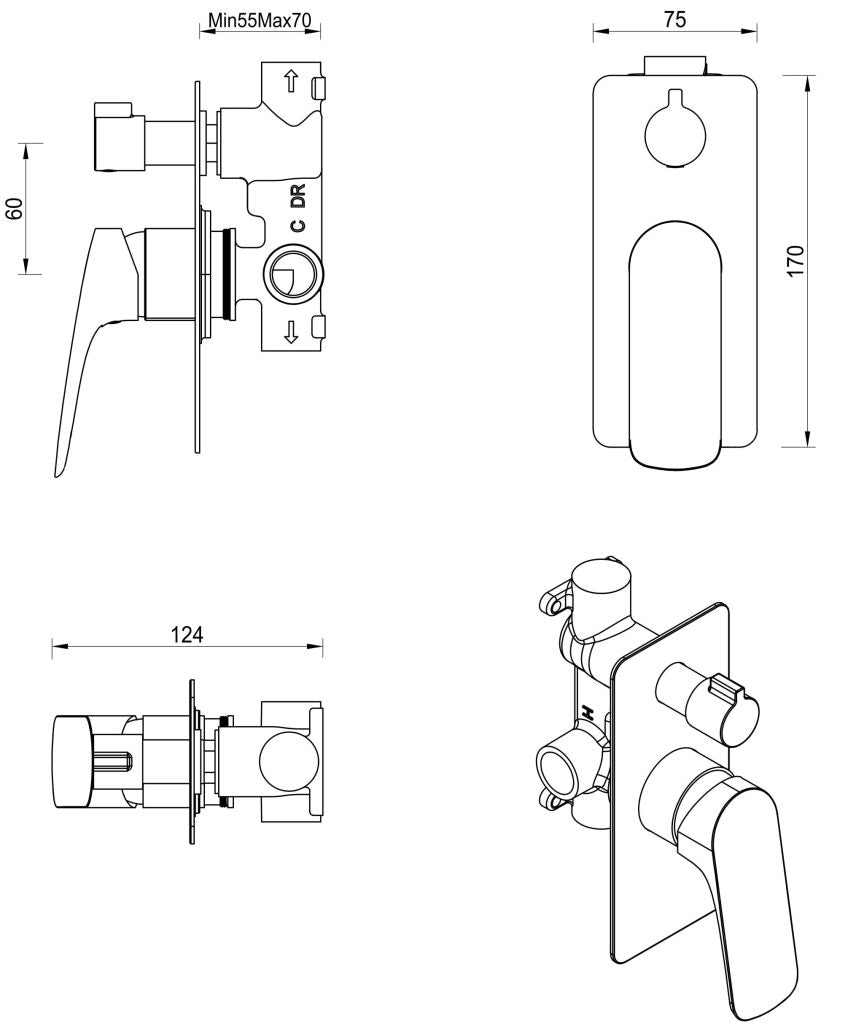 Kaza Shower Mixer Diverter - 1P - TRIM KIT ONLY