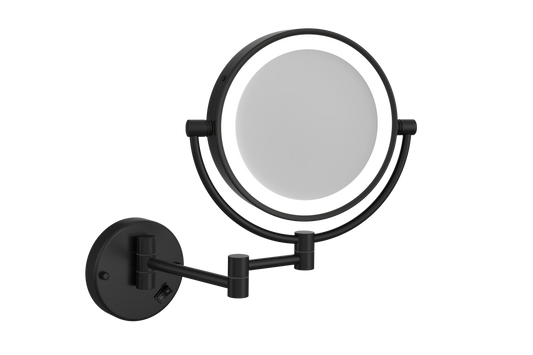 1 & 5X Magnification Matt Black Wall Mounted Shaving Mirror, 200Mm Diameter With Concealed Wiring