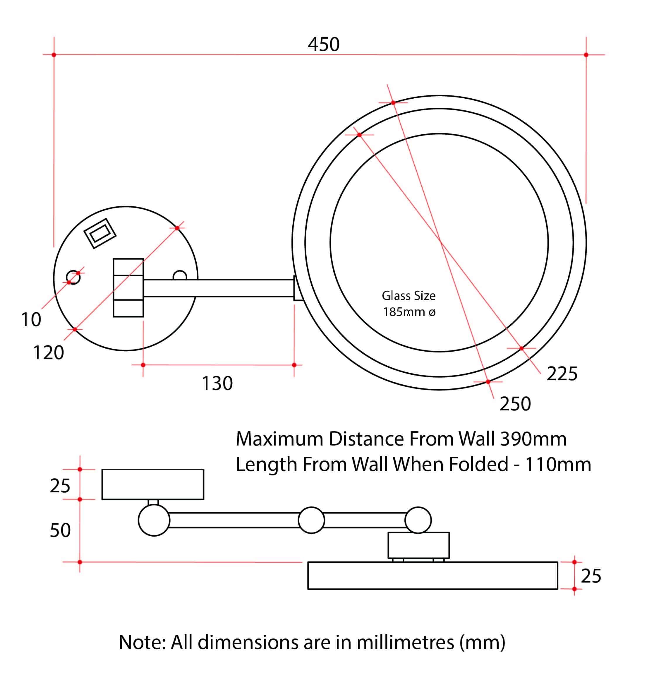 3x Magnification Matt Black Wall Mounted Shaving Mirror, 250mm Diameter with Concealed Wiring