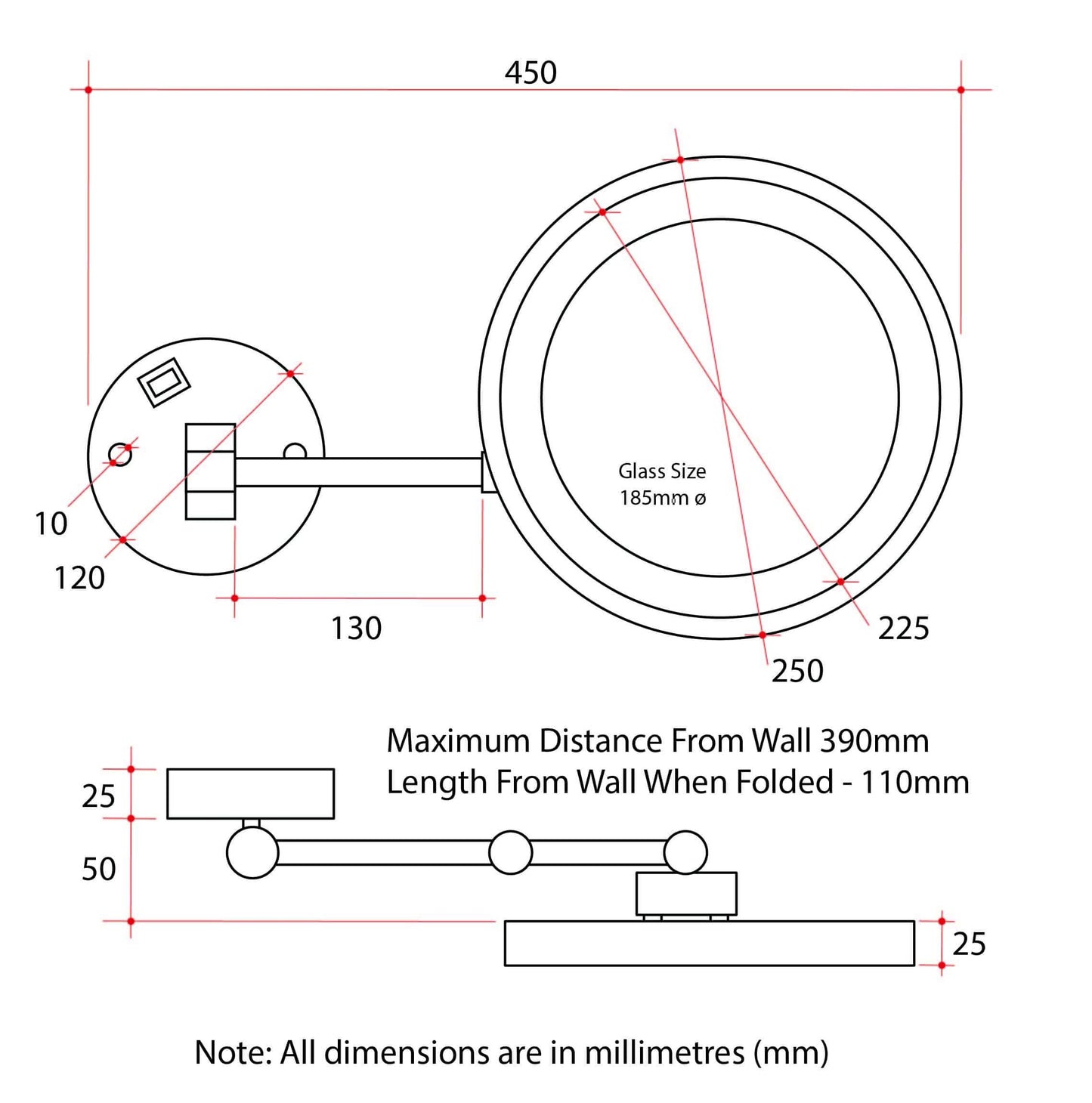 5x Magnification Chrome Wall Mounted Shaving Mirror, 250mm Diameter with Concealed Wiring
