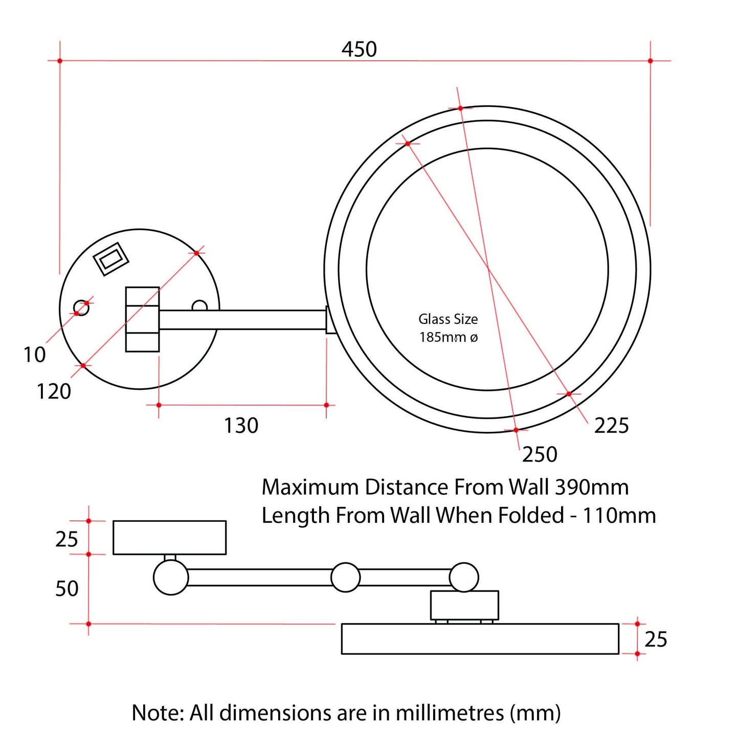 5x Magnification Chrome Wall Mounted Shaving Mirror, 250mm Diameter with Exposed Wiring