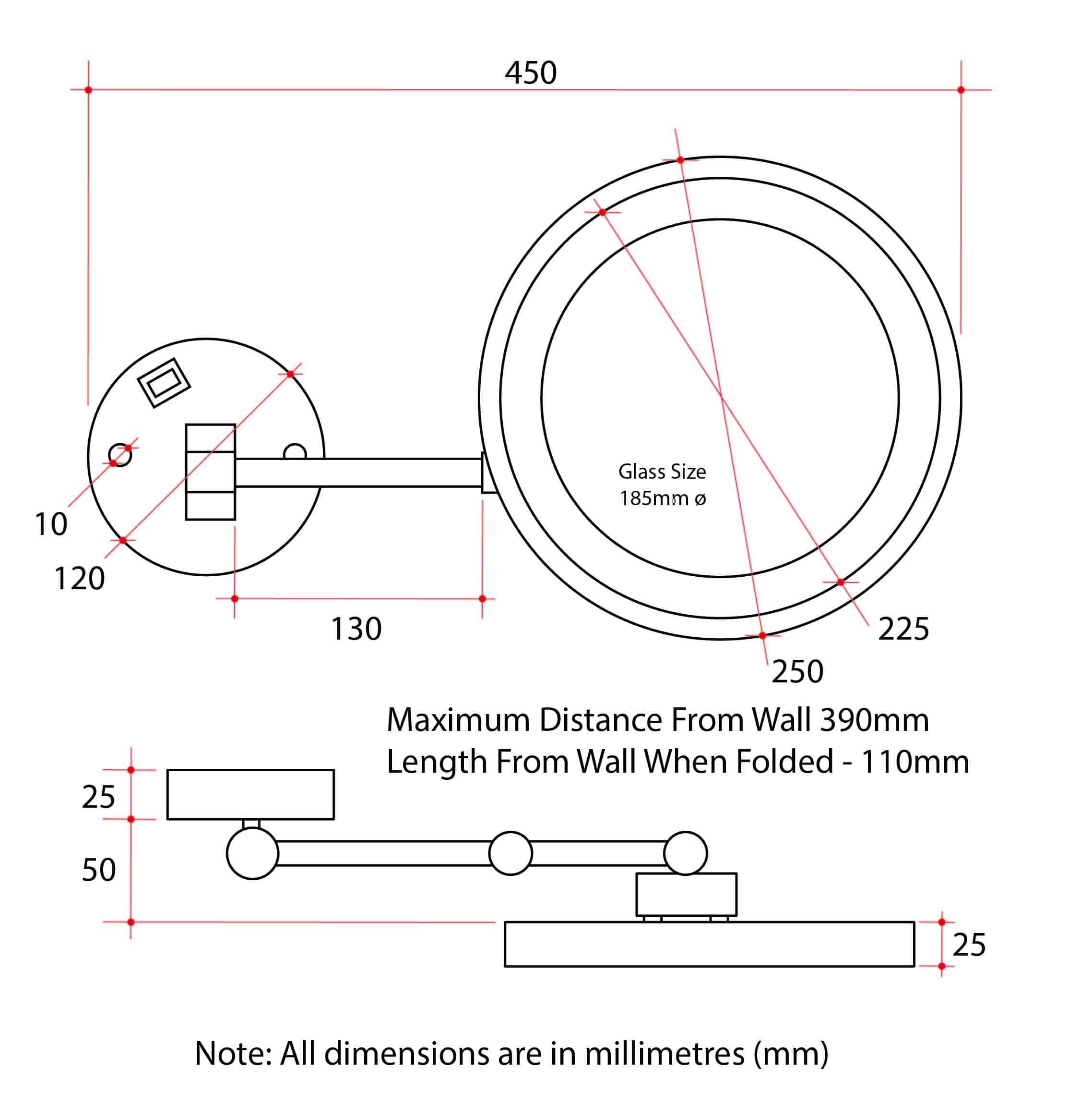 5x Magnification Chrome Wall Mounted Shaving Mirror, 250mm Diameter with Exposed Wiring