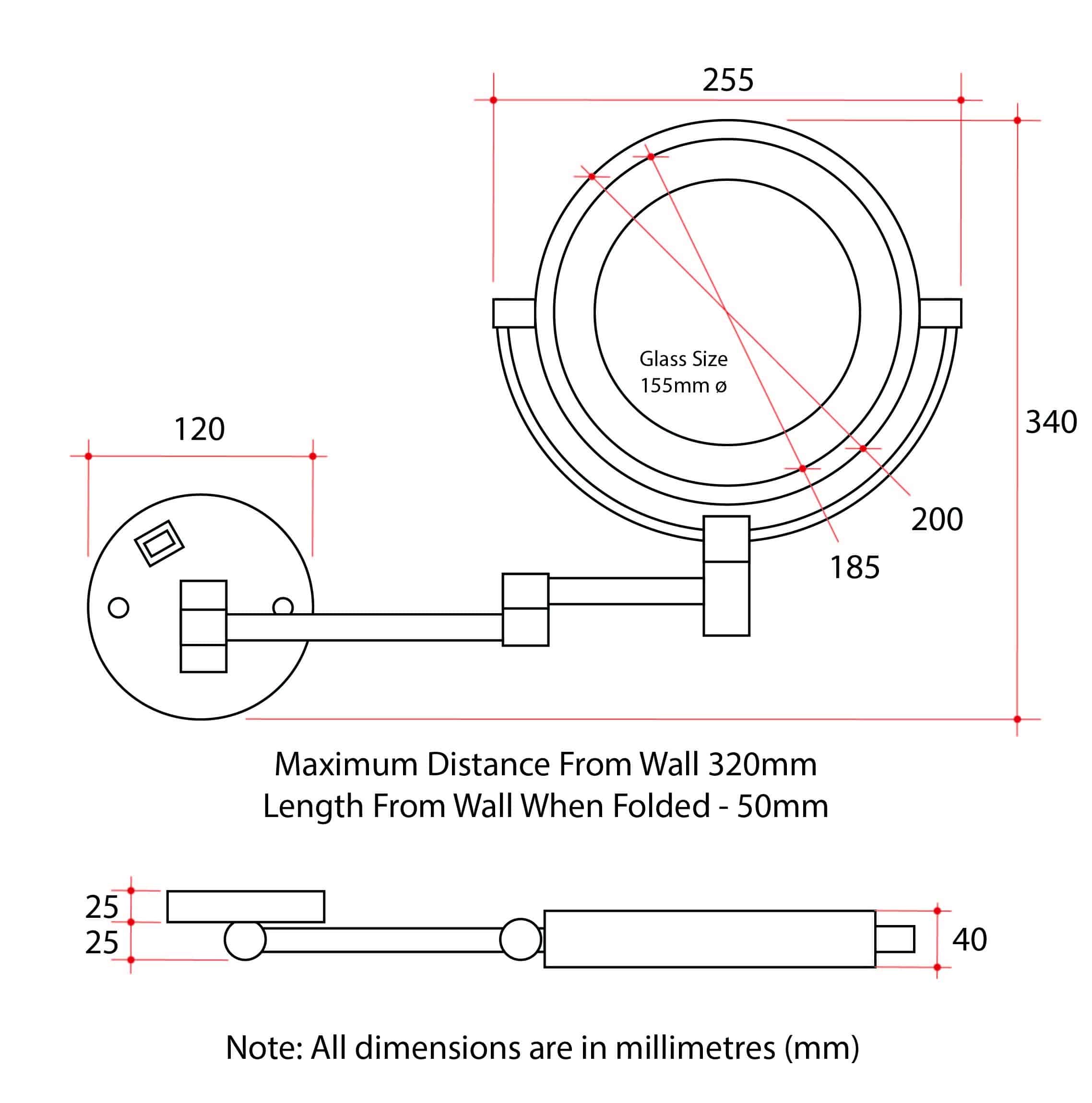 1 & 5x Magnification Chrome Wall Mounted Shaving Mirror, 200mm Diameter with Concealed Wiring