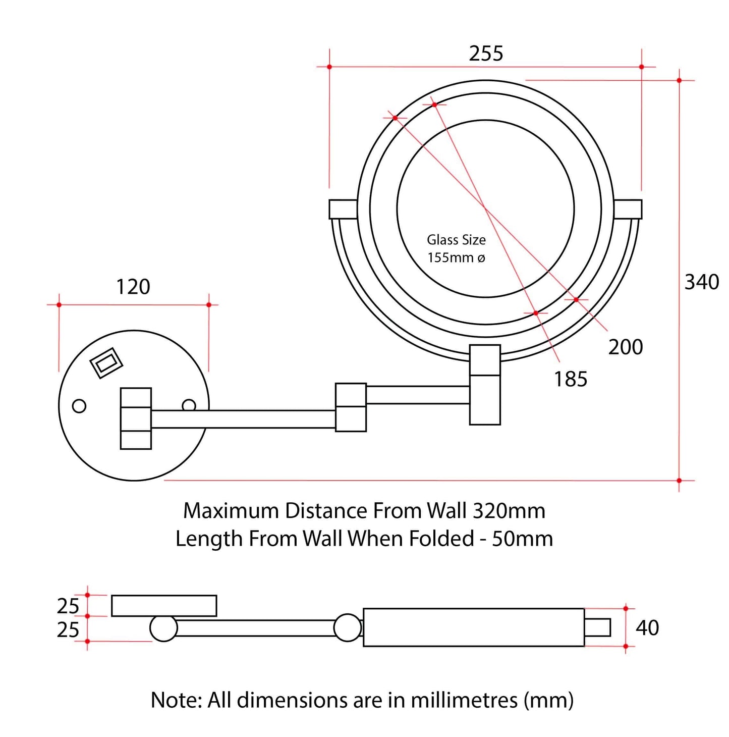 1 & 8x Magnification Chrome Wall Mounted Shaving Mirror, 200mm Diameter with Exposed Wiring