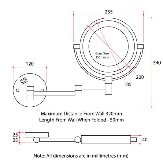 1 & 8x Magnification Chrome Wall Mounted Shaving Mirror, 200mm Diameter with Exposed Wiring