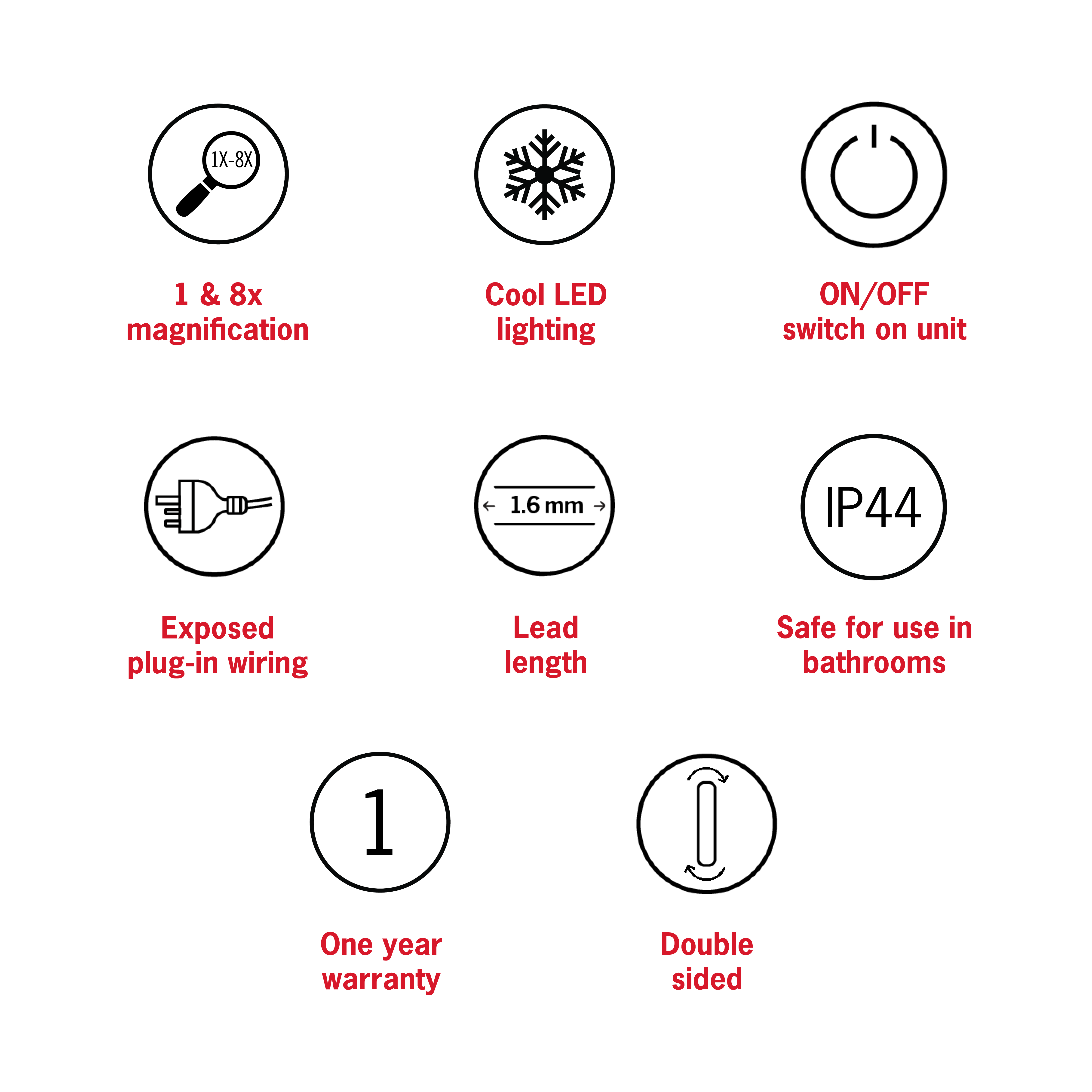 1 & 8x Magnification Chrome Wall Mounted Shaving Mirror, 200mm Diameter with Exposed Wiring