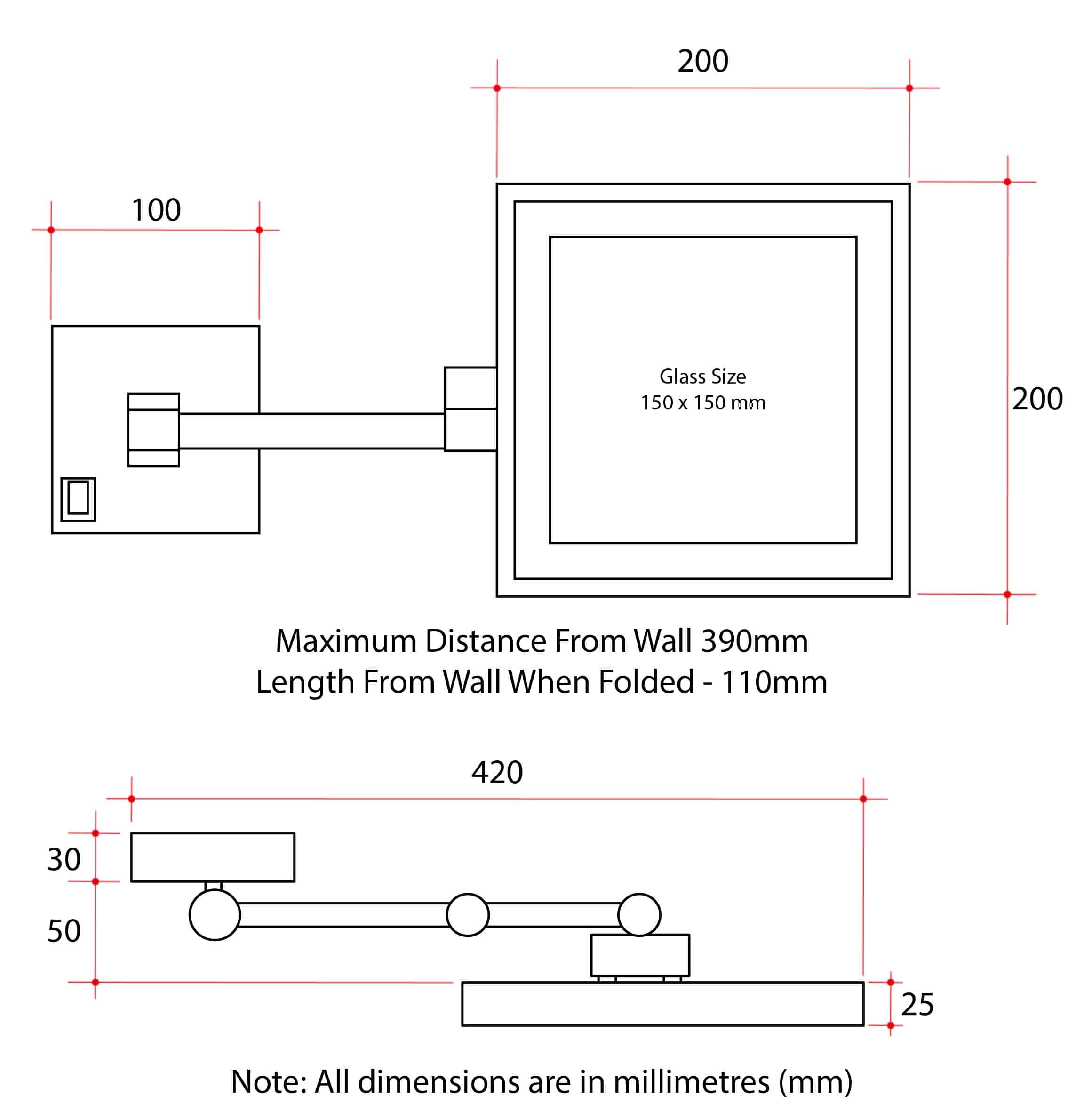 3x Magnification Chrome Wall Mounted Shaving Mirror, 200x200mm with Concealed Wiring
