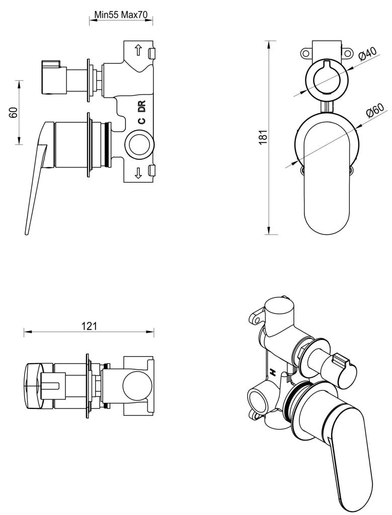 Lantra Shower Mixer Diverter - 2P - TRIM KIT ONLY
