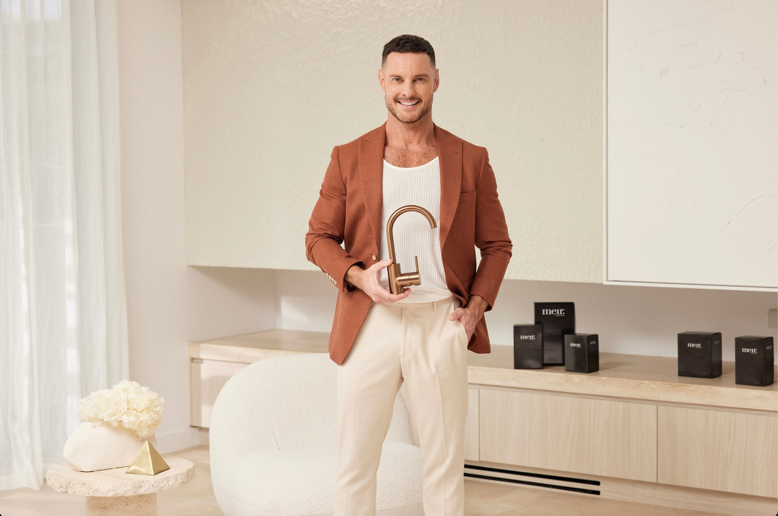 Round Gooseneck Basin Mixer with Cold Start - Lustre Bronze